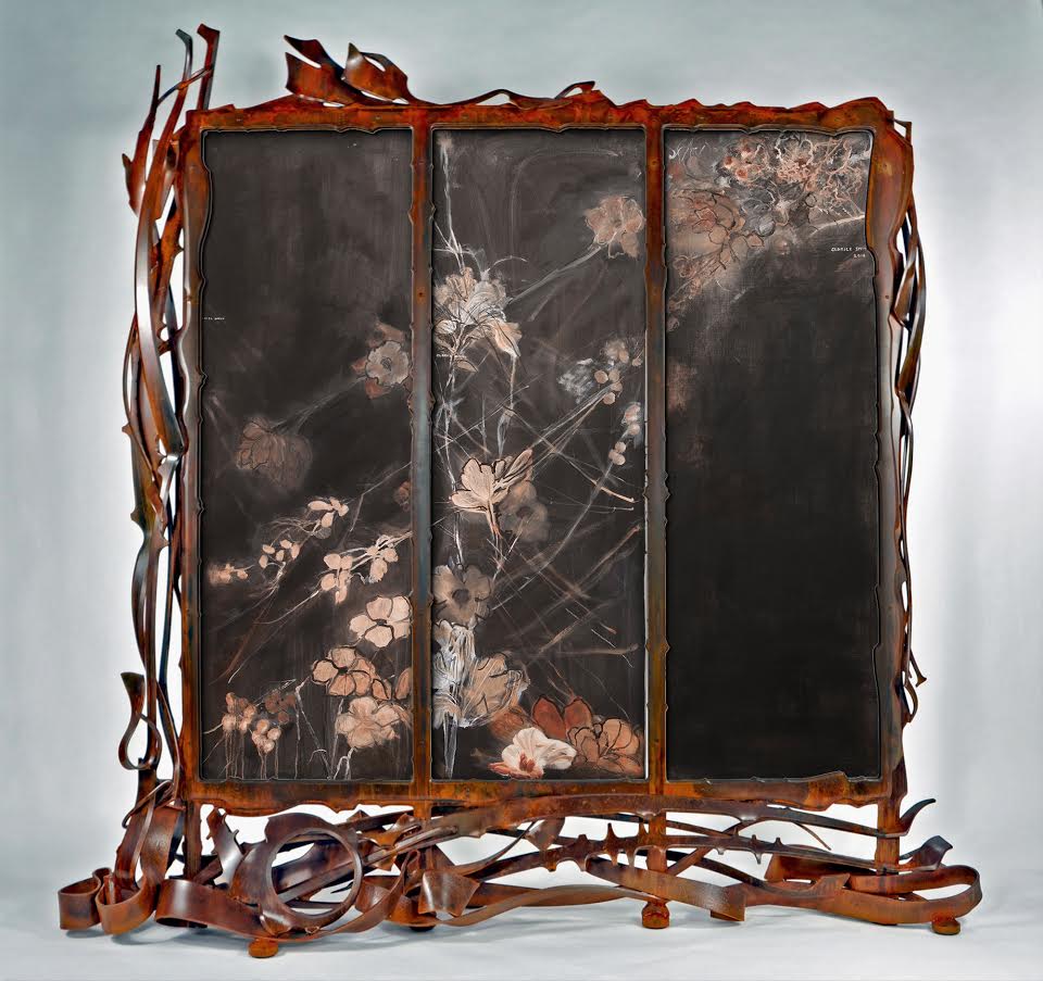 
		                					Clarice Smith		                																	
																											<i>Triptych; collaboration with Albert Paley,</i>  
																																								2016, 
																																								Forged steel frame with three double-sided oil on canvas panels, 
																																								84 x 83 x 18 inches 
																								
		                				