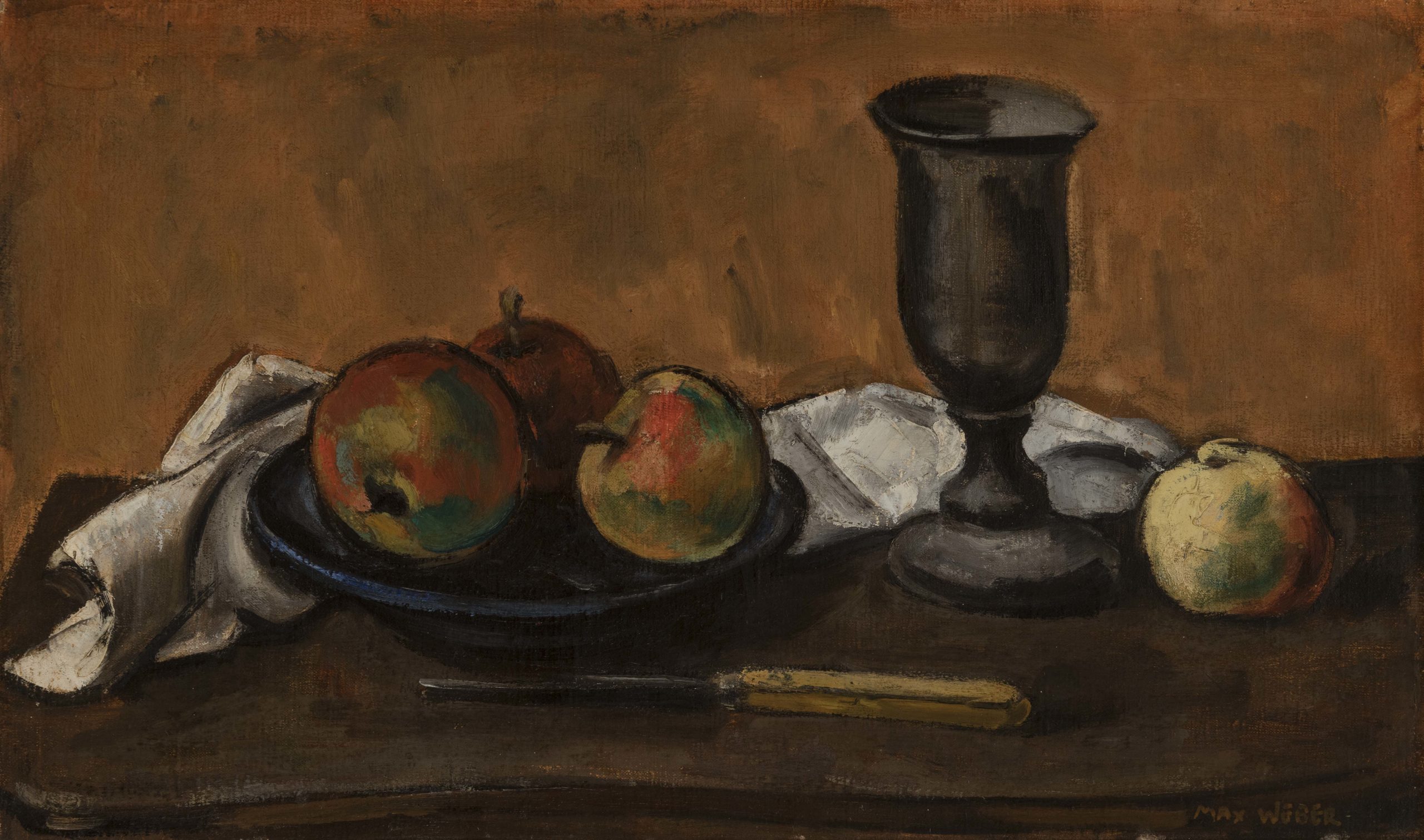 
		                					Max Weber		                																	
																											<i>Still Life with Apples, Pewter Cup and Knife,</i>  
																																								circa 1920's, 
																																								oil on canvas, 
																																								12 1/4 x 20 1/4 
																								
		                				