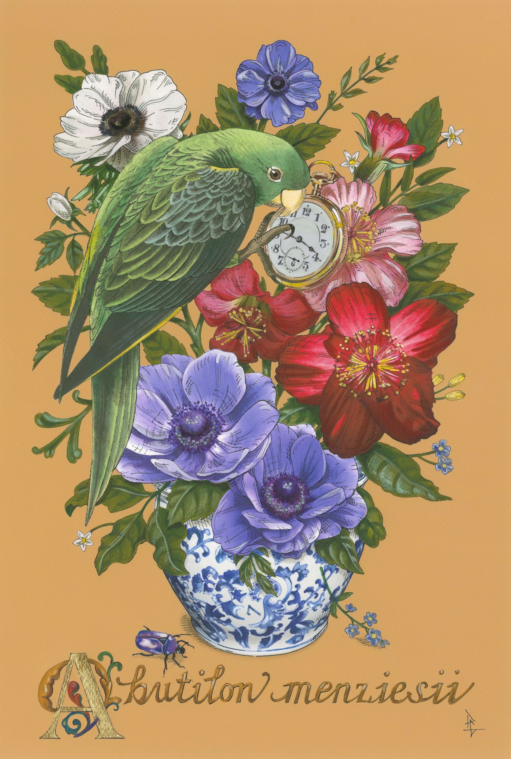 
		                					Penelope Gottlieb		                																	
																											<i>Abutilon menziesii,</i>  
																																								2021, 
																																								acrylic and ink over a digital reproduction of an Audubon print, 
																																								18 x 12 inches 
																								
		                				