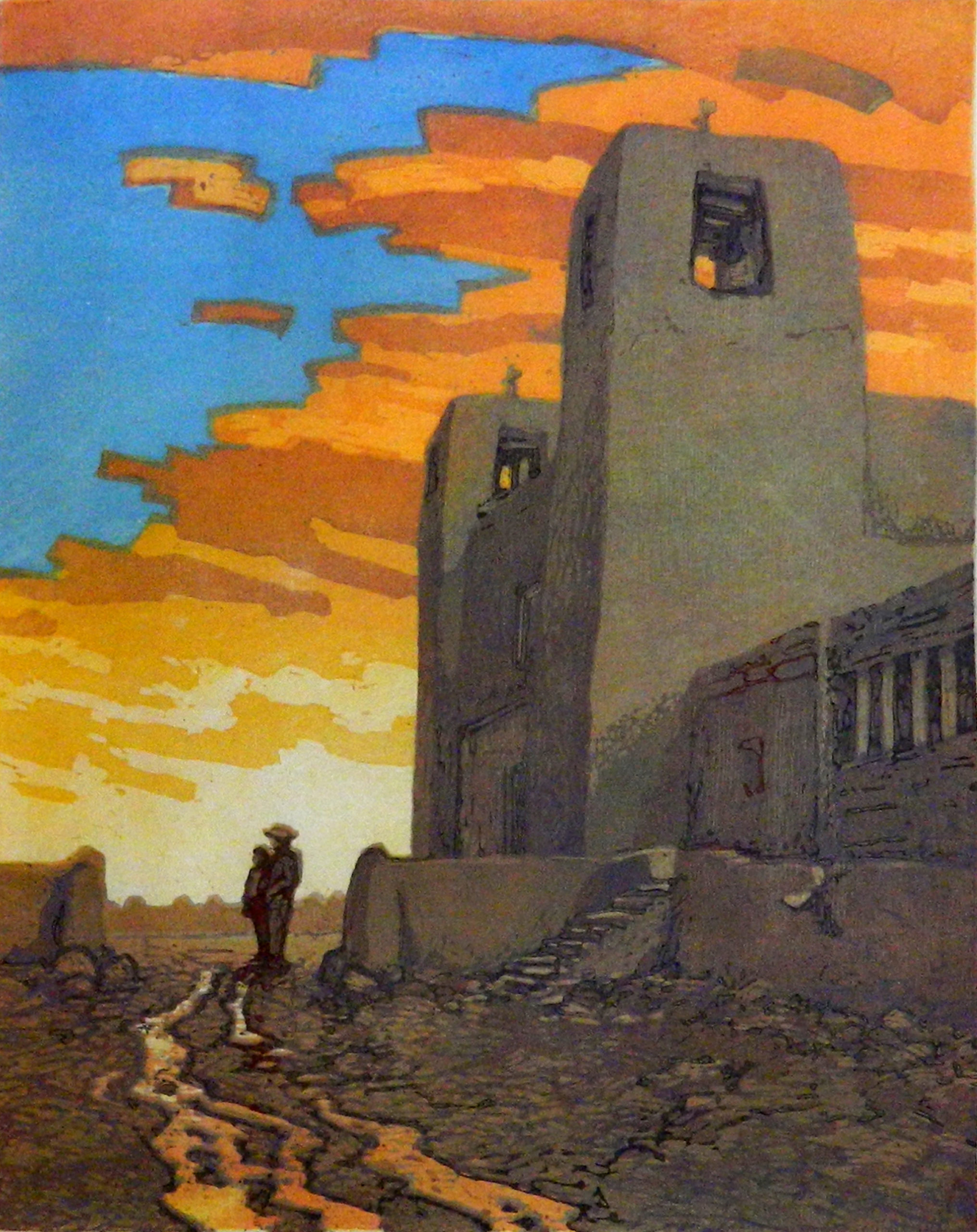 
		                					Leon Loughridge		                																	
																											<i>Acoma Sunset,</i>  
																																																					woodblock print, edition of, 
																																								14 3/4 x 12 inches 
																								
		                				