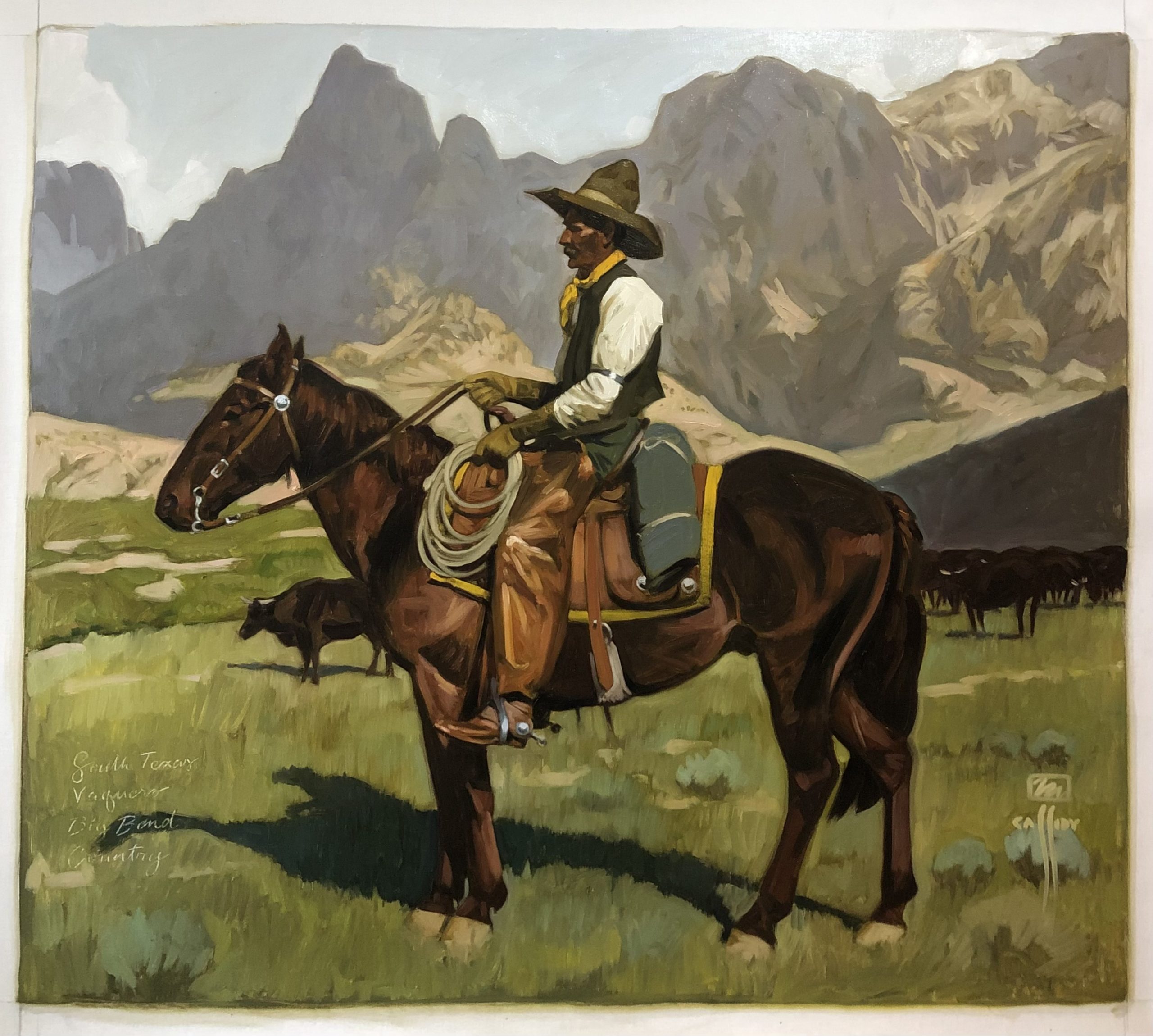 
							

									Michael Cassidy									Big Bend Vaquero 									oil on linen<br />
34 1/2 x 39 1/2 inches									


							