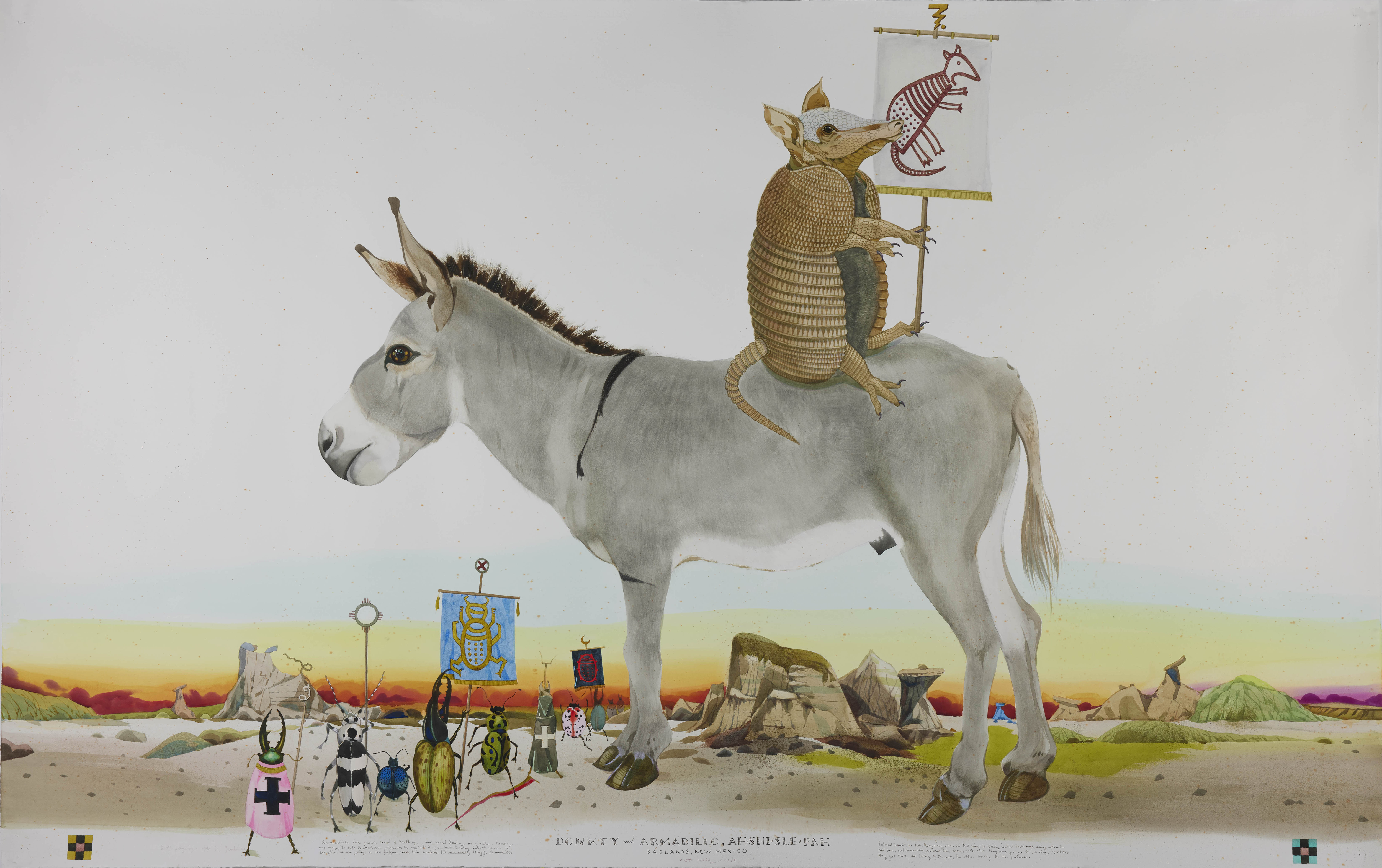 
		                					Scott Kelley		                																	
																											<i>Donkey – Armadillo, Ah-Shi- Sle-Pah,</i>  
																																								2023, 
																																								watercolor, gouache and graphite on paper, 
																																								55 x 88 inches 
																								
		                				
