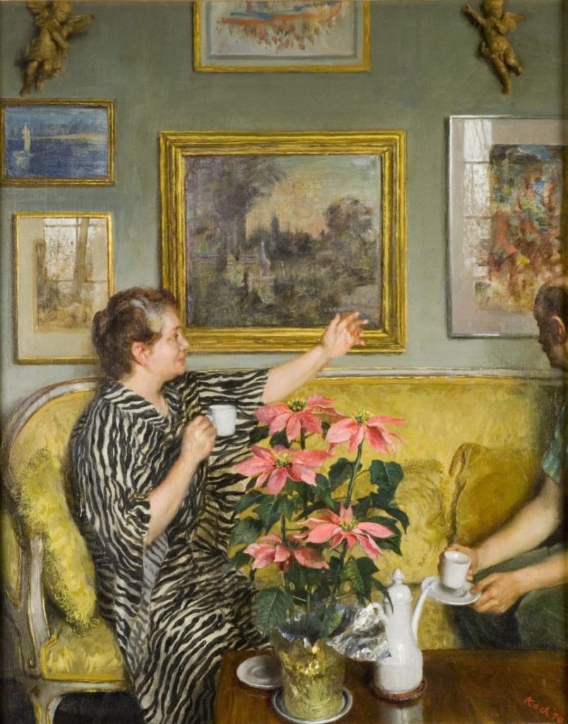 interior scene of woman and pink poinsettia
