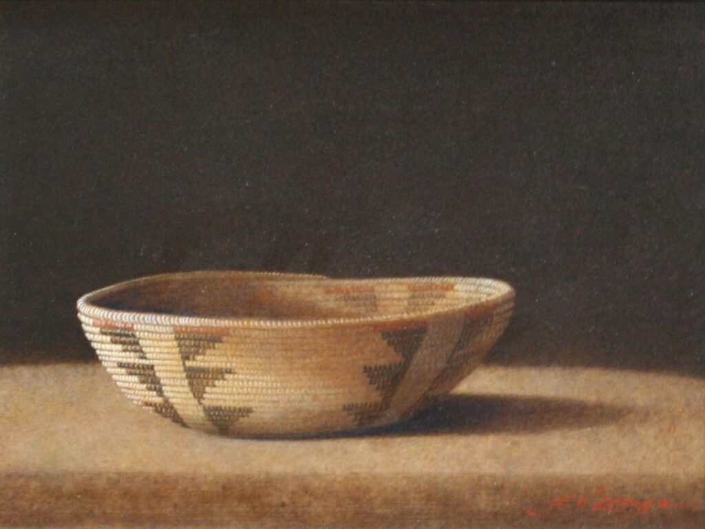 Elizabeth Wadleigh Leary, Old Indian Basket, acrylic on panel, 8 3/4 x 11 1/2 inches