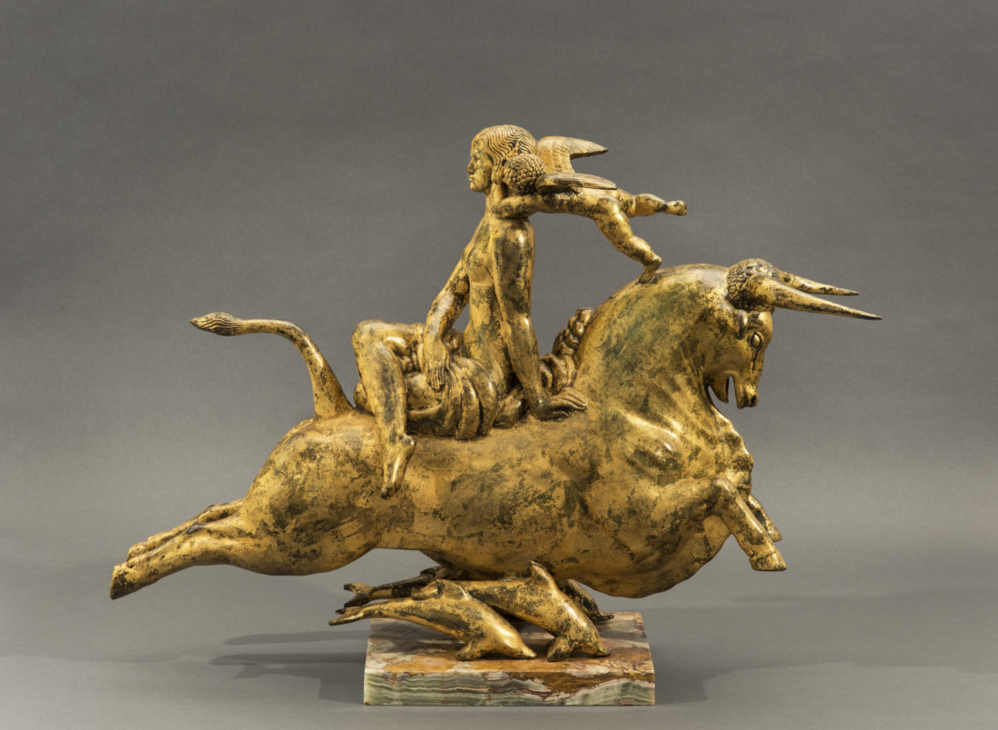 
		                					Paul Howard Manship		                																	
																											<i>Flight of Europa,</i>  
																																								1925, 
																																								bronze with partial gilding, 
																																								20 3/8 x 31 1/4 x 8 1/2 inches, 22 3/8 inches high on replaced onyx base  
																								
		                				