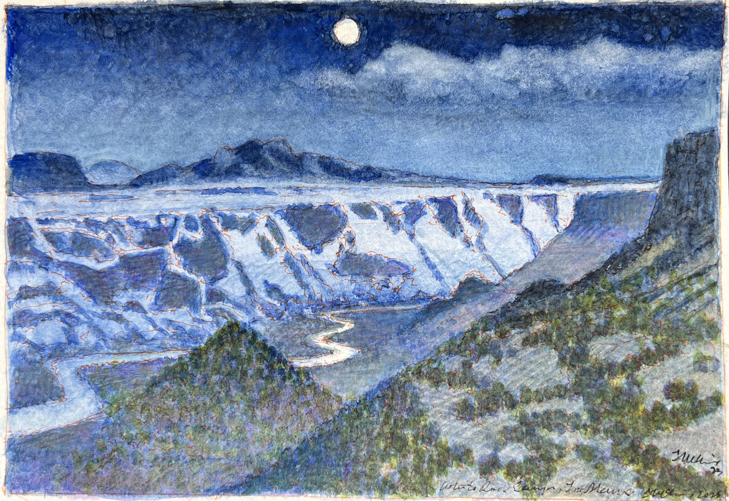 
		                					James McElhinney		                																	
																											<i>Moonrise: White Rock Canyon,</i>  
																																																					watercolor and mixed media on paper, 
																																								5 1/2 x 7 1/4 inches 
																								
		                				