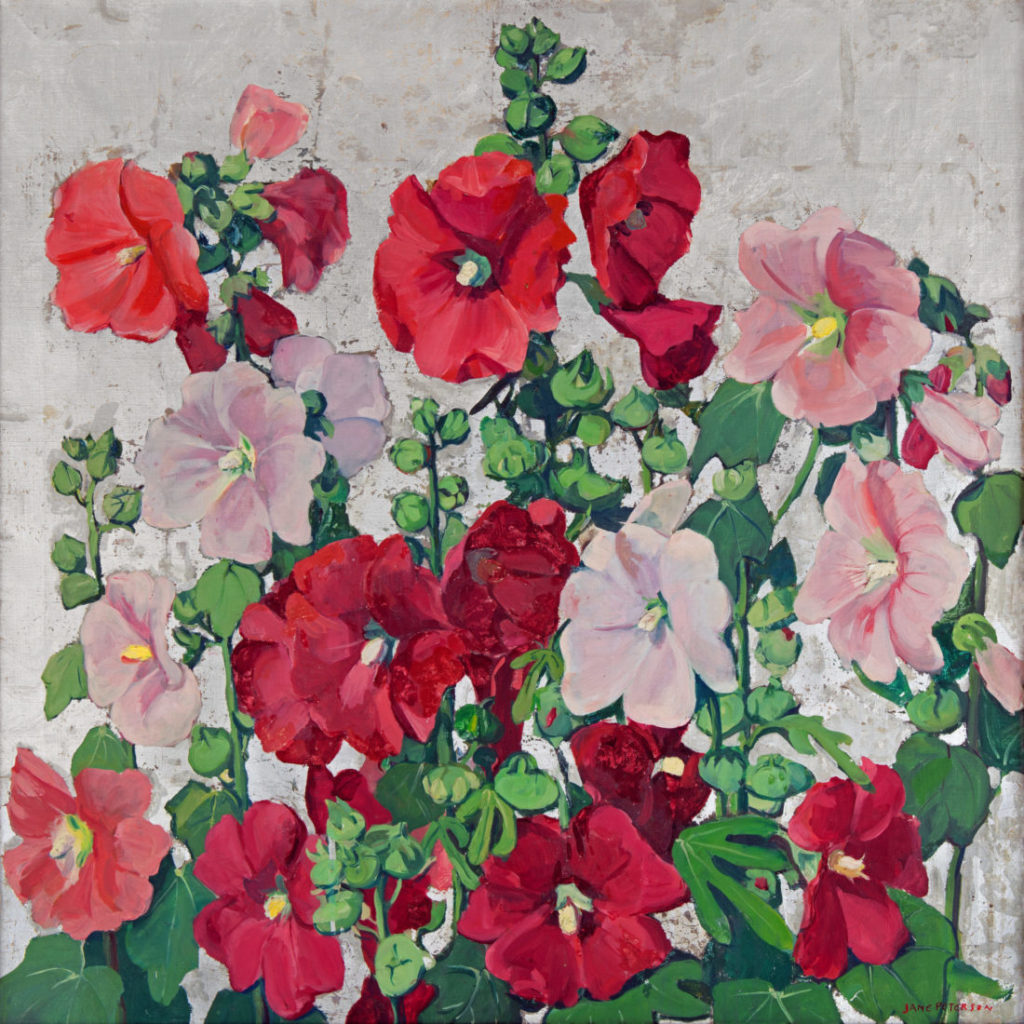 painting of hollyhocks on gilt silver background by Jane Peterson