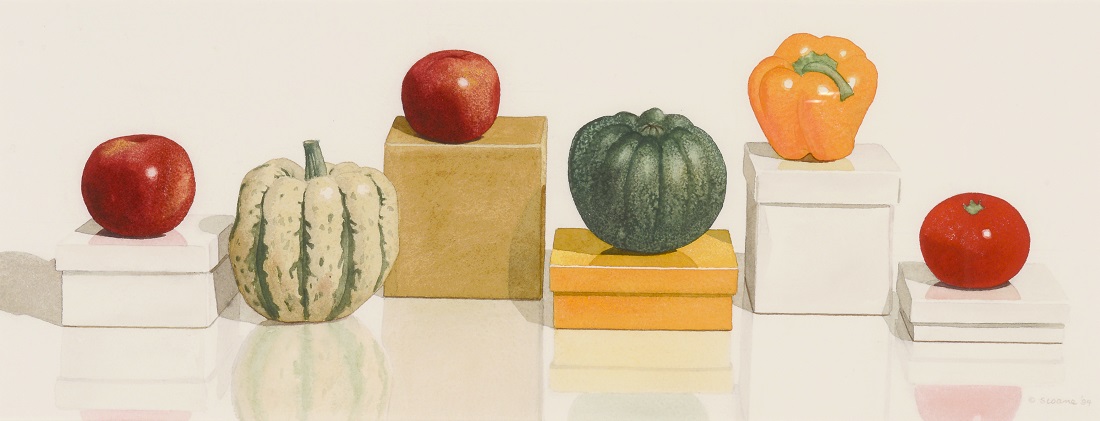 
		                					Phyllis Sloane		                																	
																											<i>Boxed Produce I,</i>  
																																								1994, 
																																								watercolor on paper, 
																																								11 x 28 inches 
																								
		                				