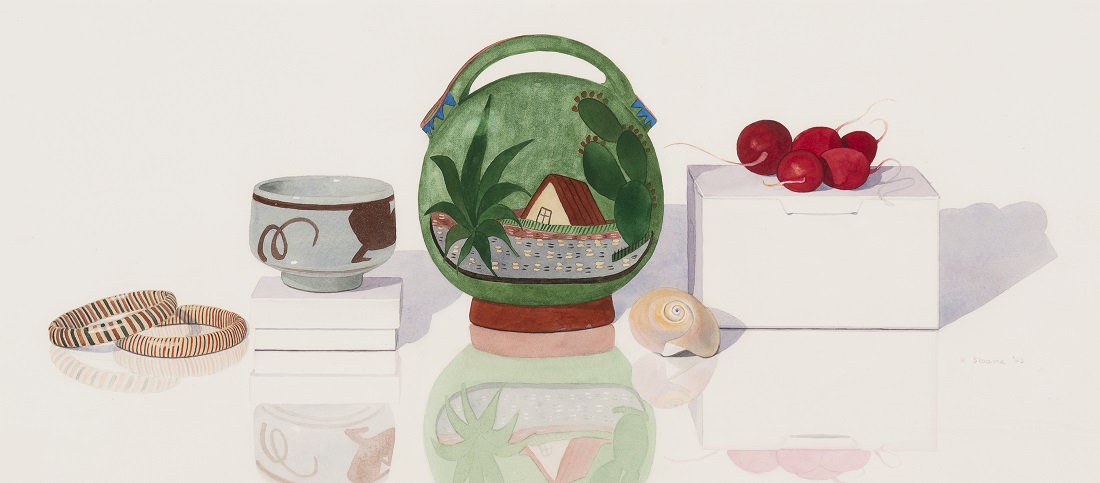 
		                					Phyllis Sloane		                																	
																											<i>Collection II (with radishes),</i>  
																																								1993, 
																																								watercolor on paper, 
																																								13 1/4 x 30 1/4 inches 
																								
		                				