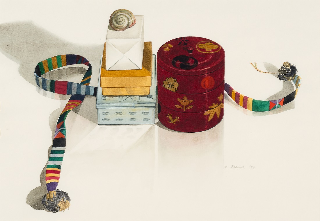 
		                					Phyllis Sloane		                																	
																											<i>Still Life with Belt,</i>  
																																								1989, 
																																								watercolor on paper, 
																																								19 1/4 x 27 3/4 inches 
																								
		                				
