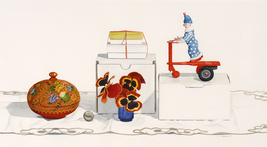 
		                					Phyllis Sloane		                																	
																											<i>Still Life with Clown,</i>  
																																								1997, 
																																								watercolor on paper, 
																																								21 x 38 1/4 inches 
																								
		                				