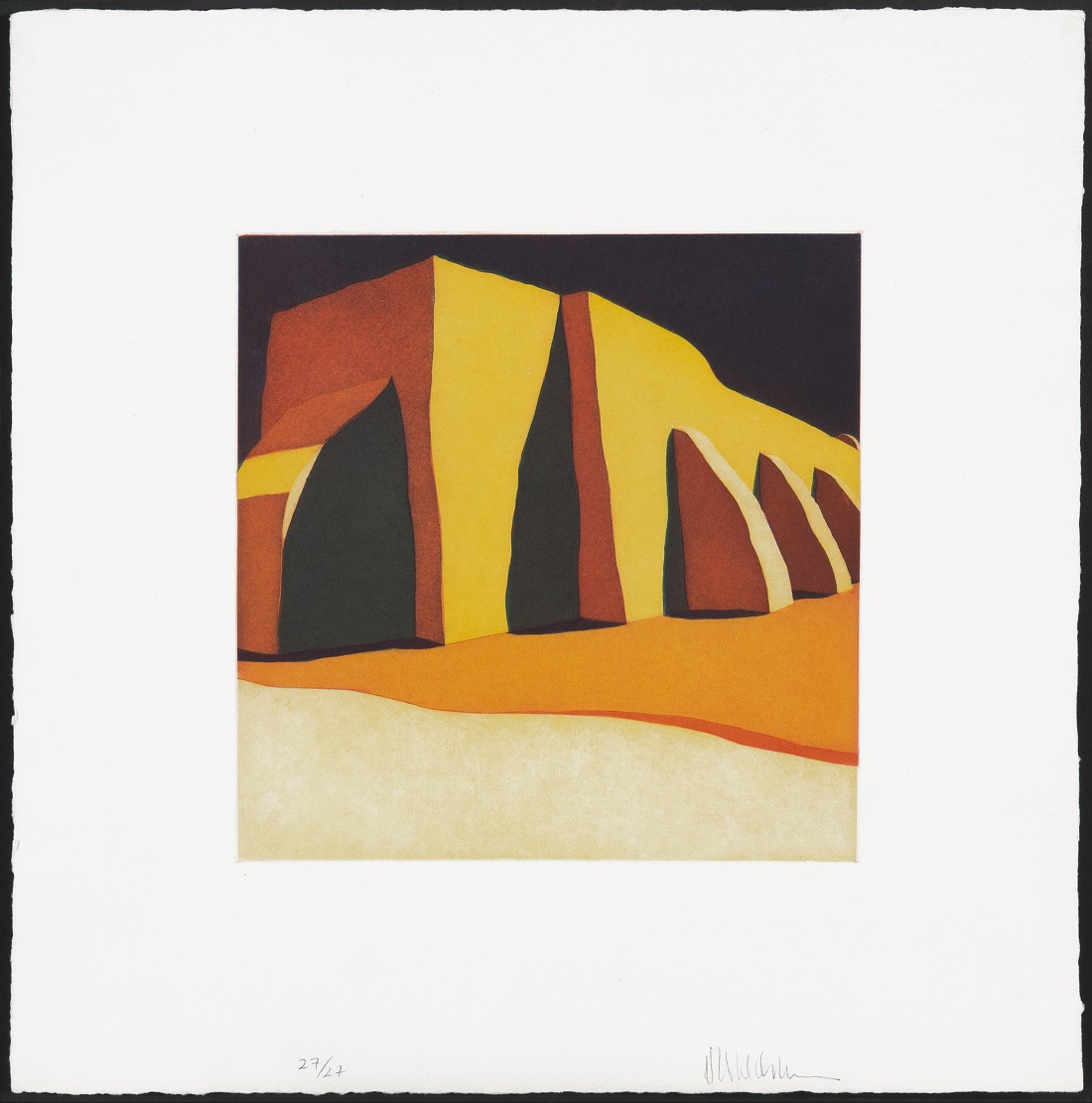 
		                					Harold Joe Waldrum		                																	
																											<i>Las sombras de la iglesia del pueblo de San Ildefonso,</i>  
																																								second state, 27/27, 1984 - 1985, 
																																								aquatint etching, 
																																								12 x 12 inches 
																								
		                				