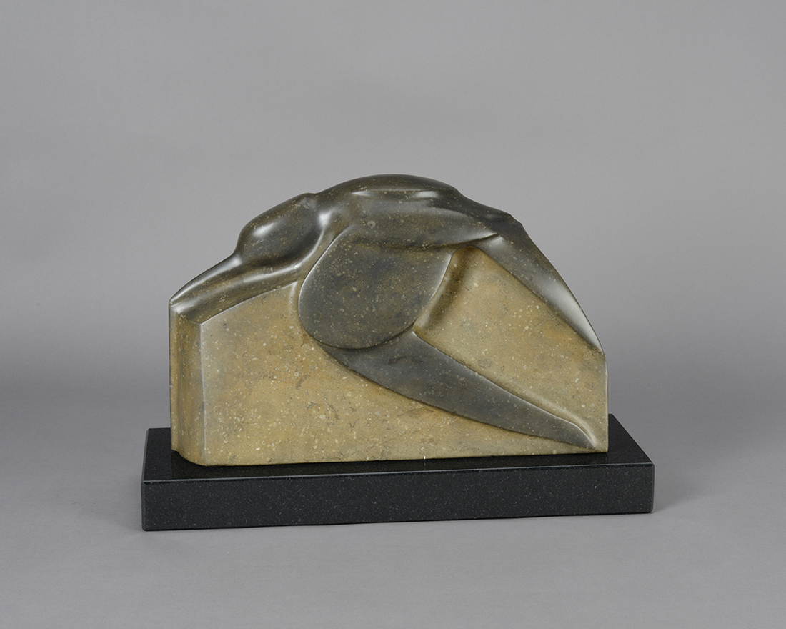 
		                					Les Perhacs  		                																	
																											<i>Bird of the Ancient Sea,</i>  
																																																					Kansas limestone with graphite filled with fossils on black granite base, 
																																								9 x 13 1/2 x 4 inches 
																								
		                				