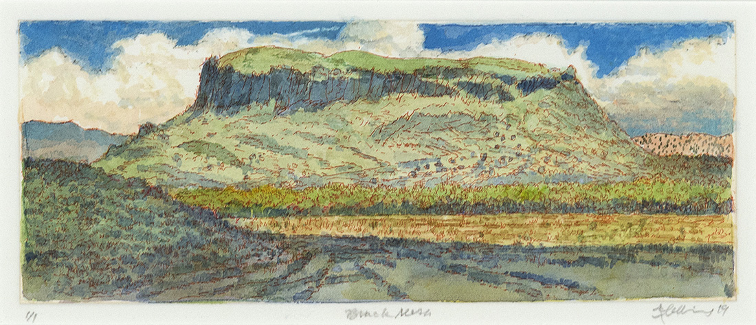 
		                					James McElhinney		                																	
																											<i>Black Mesa, 1/1,</i>  
																																								2019, 
																																								intaglio print with watercolor, 
																																								3 ⅞ x 9 ⅞ inches 
																								
		                				