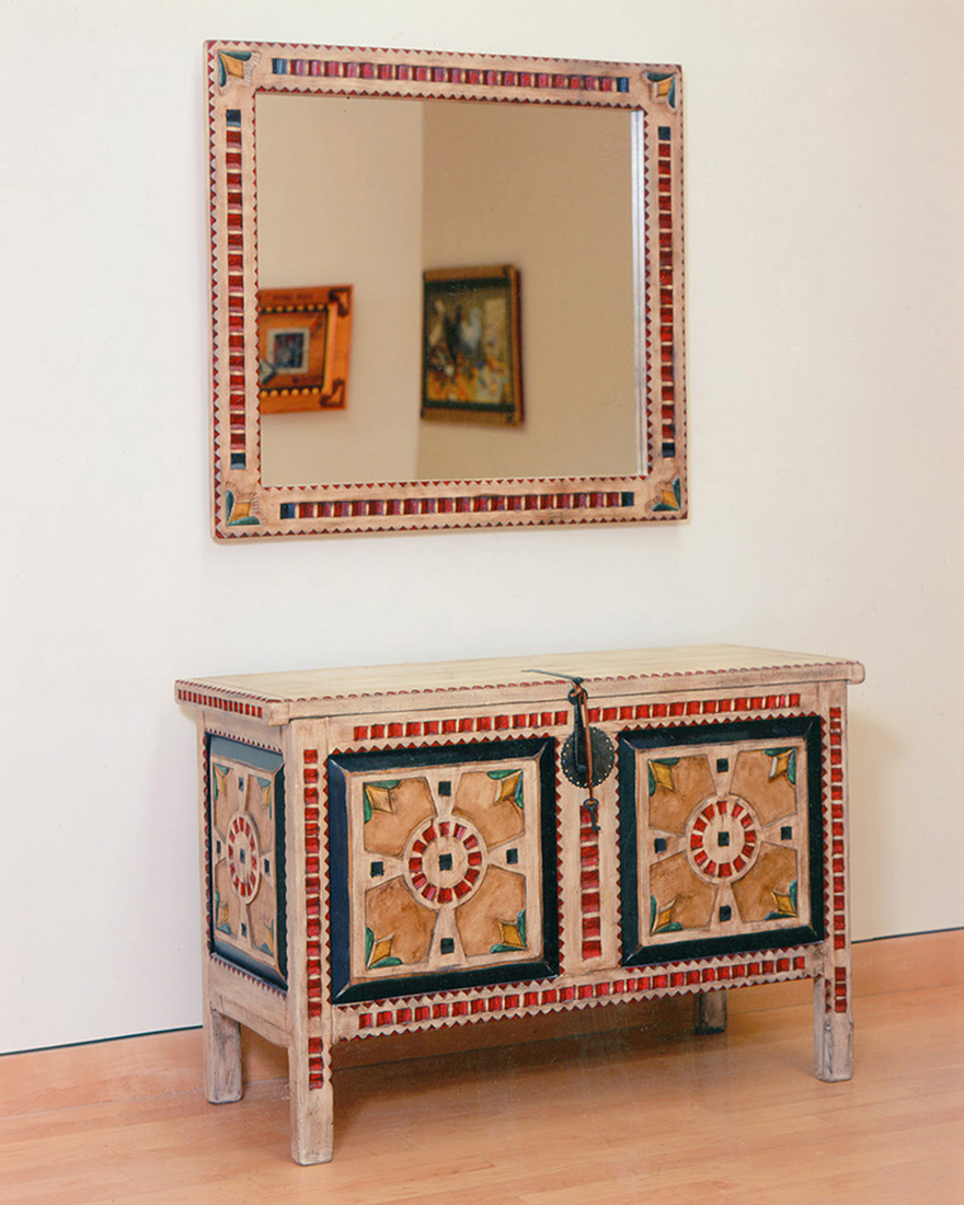 
		                					Anthony Martinez		                																	
																											<i>Chest and Mirror,</i>  
																																																					sugar pine with acrylic natural pigments and ten coats of lacquer, 
																																								33 ½ x 51 ½ x 20 ¼ inches (chest), 40 x 44 ⅛ x 1 ½ inches (mirror) 
																								
		                				