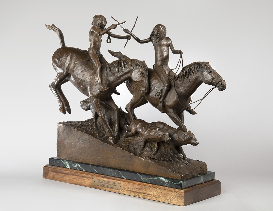 
		                					Richard Greeves		                																	
																											<i>Nez Perce Boys Wild and Free, edition of 30,</i>  
																																								2009, 
																																								bronze, 
																																								17 ⅝ x 20 x 7 ½ inches   
																								
		                				