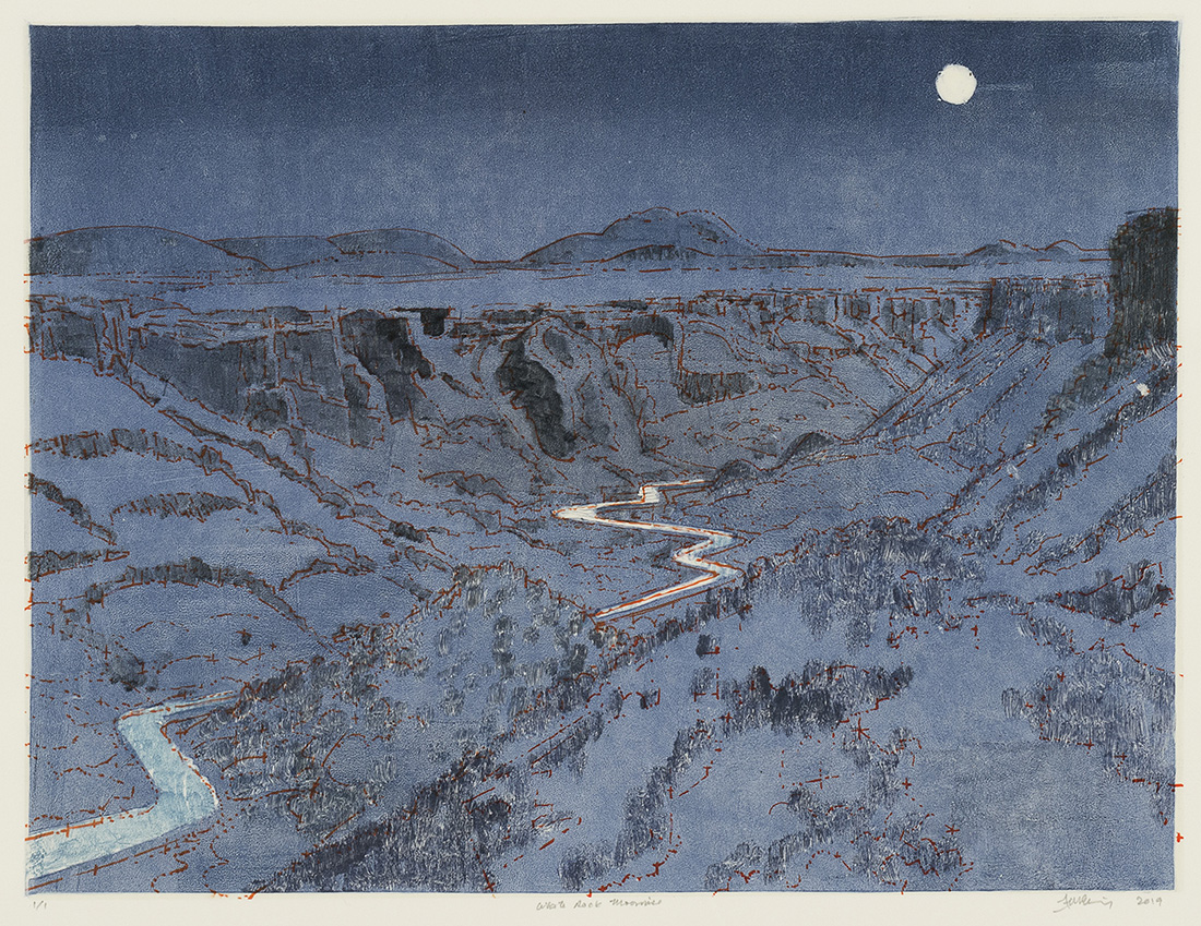 
		                					James McElhinney		                																	
																											<i>White Rock Moonrise, 1/1,</i>  
																																								2019, 
																																								monoprint with chine colle and mixed media, 
																																								22 ¼ x 30 ½ inches 
																								
		                				