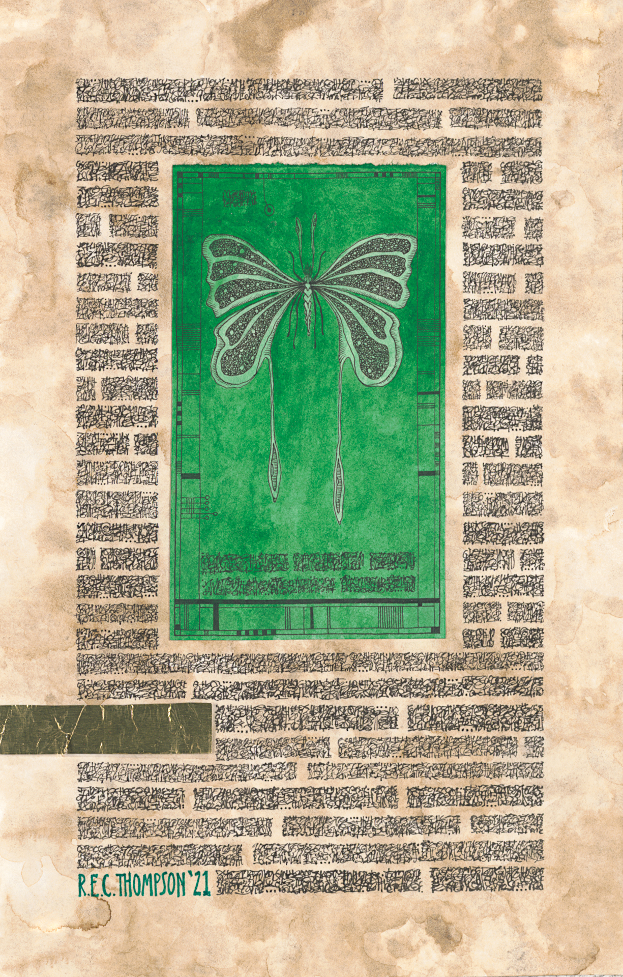 
		                					R.E.C. Thompson		                																	
																											<i>Arcane Pages: Butterfly,</i>  
																																																					mixed media, 
																																								11 1/2 x 7 1/2 inches 
																								
		                				