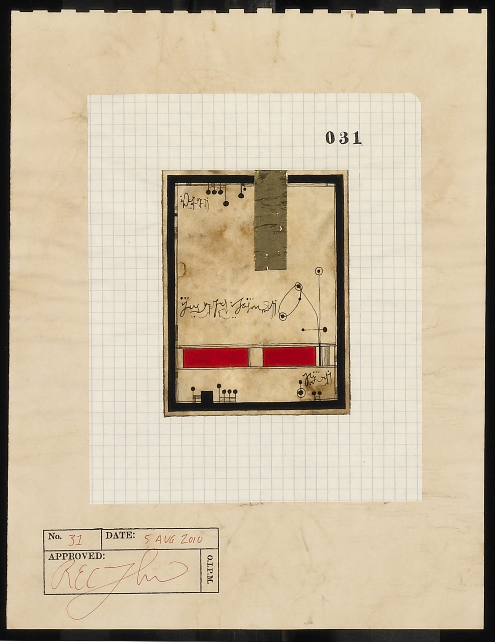 
		                					R.E.C. Thompson		                																	
																											<i>Document No. 31,</i>  
																																																					mixed media, 
																																								10 7/8 x 8 1/4 inches 
																								
		                				