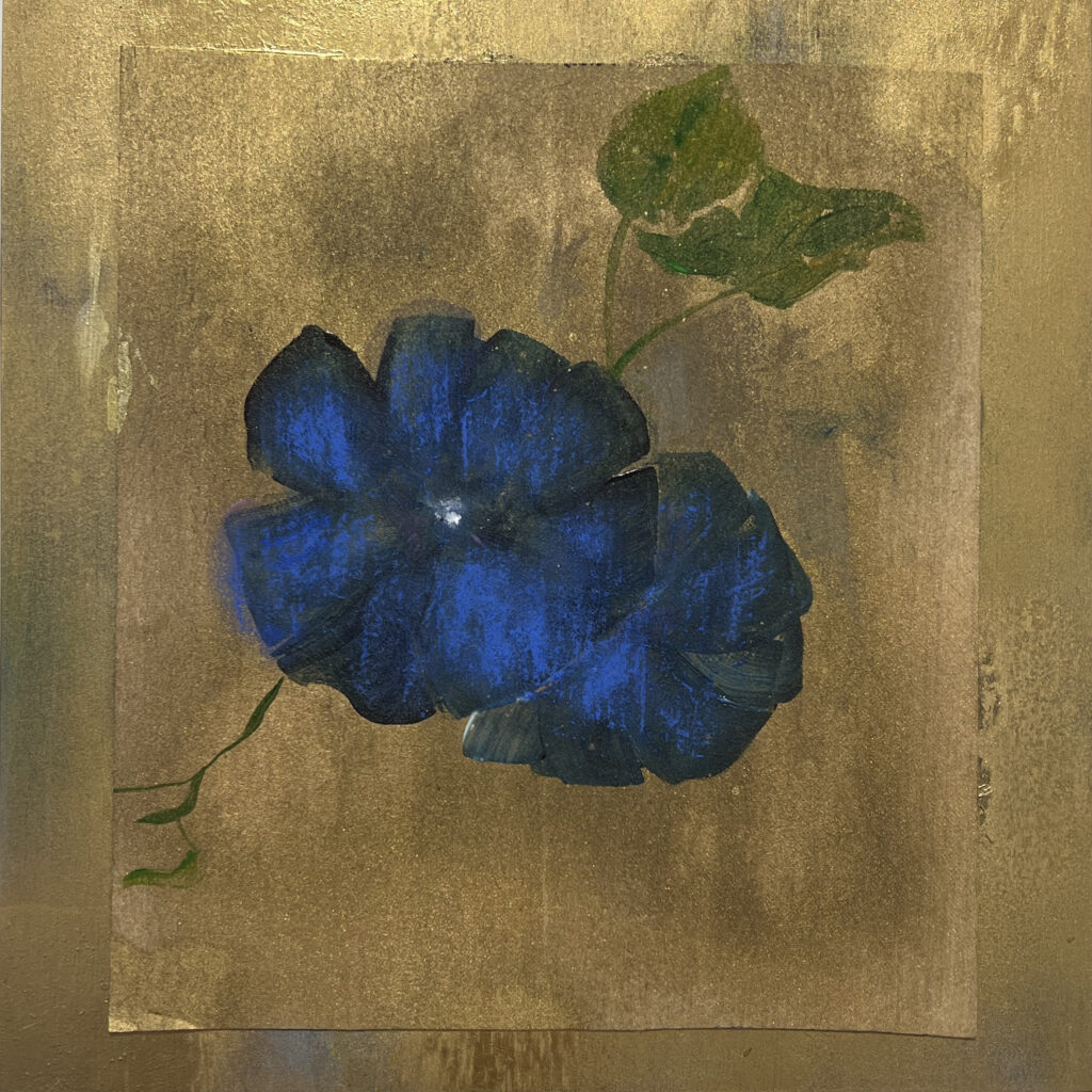 Susan Brearey, Sardinian Morning Glories, oil, watercolor, pastel and gold leaf on wood, 10 x 10 x 1 inches