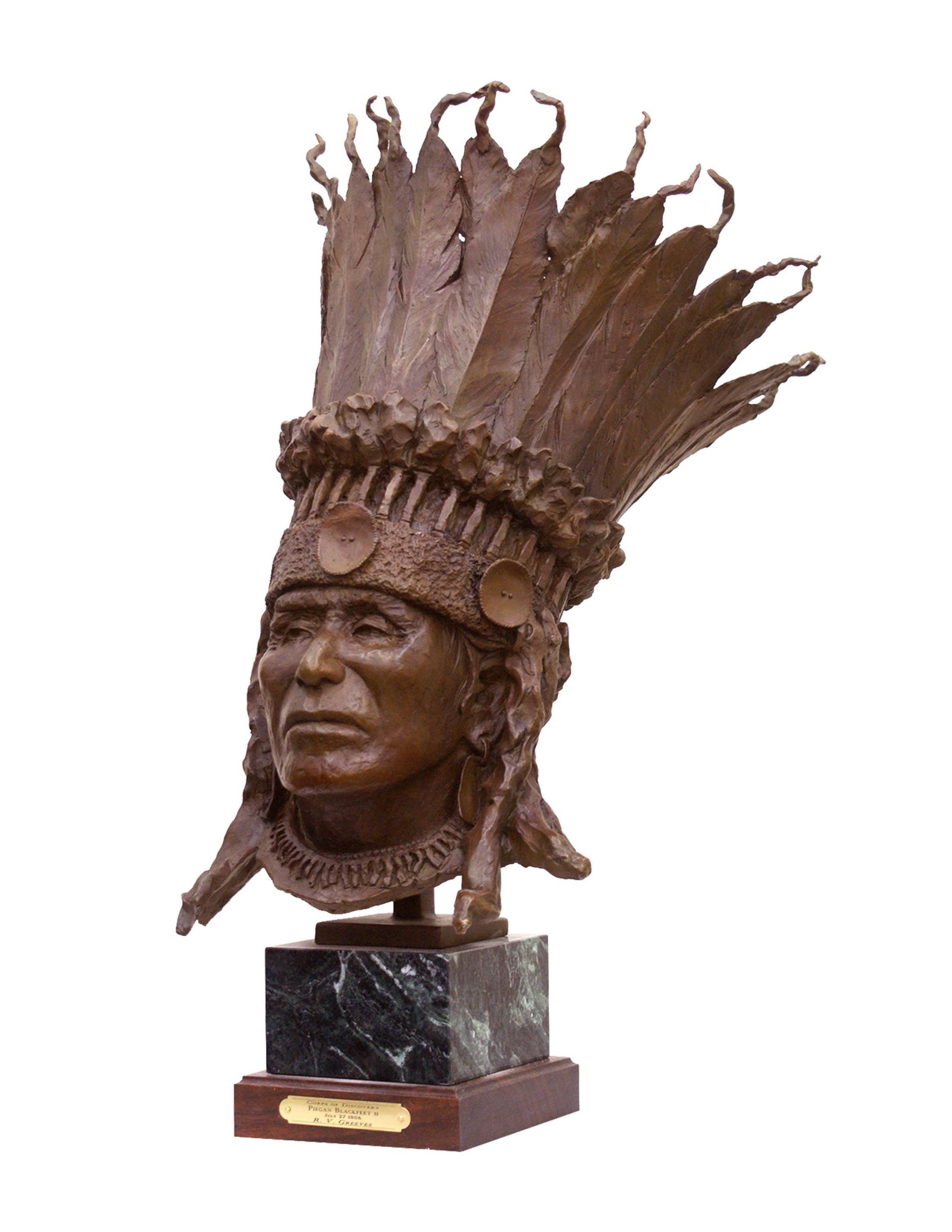 

											Richard V. Greeves </b>

											<em>
												 Lewis & Clark, Corp of Discovery, 1804-1806: The Native Peoples Lewis & Clark Encountered on their Epic Journey</em> 

											<h4>
												August 6 - October 30, 2021											</h4>

		                																																<i>Straight Up Bonnet,</i>  
																																																					bronze, 
																																								26 x 14 x 16 inches 
																								
		                				