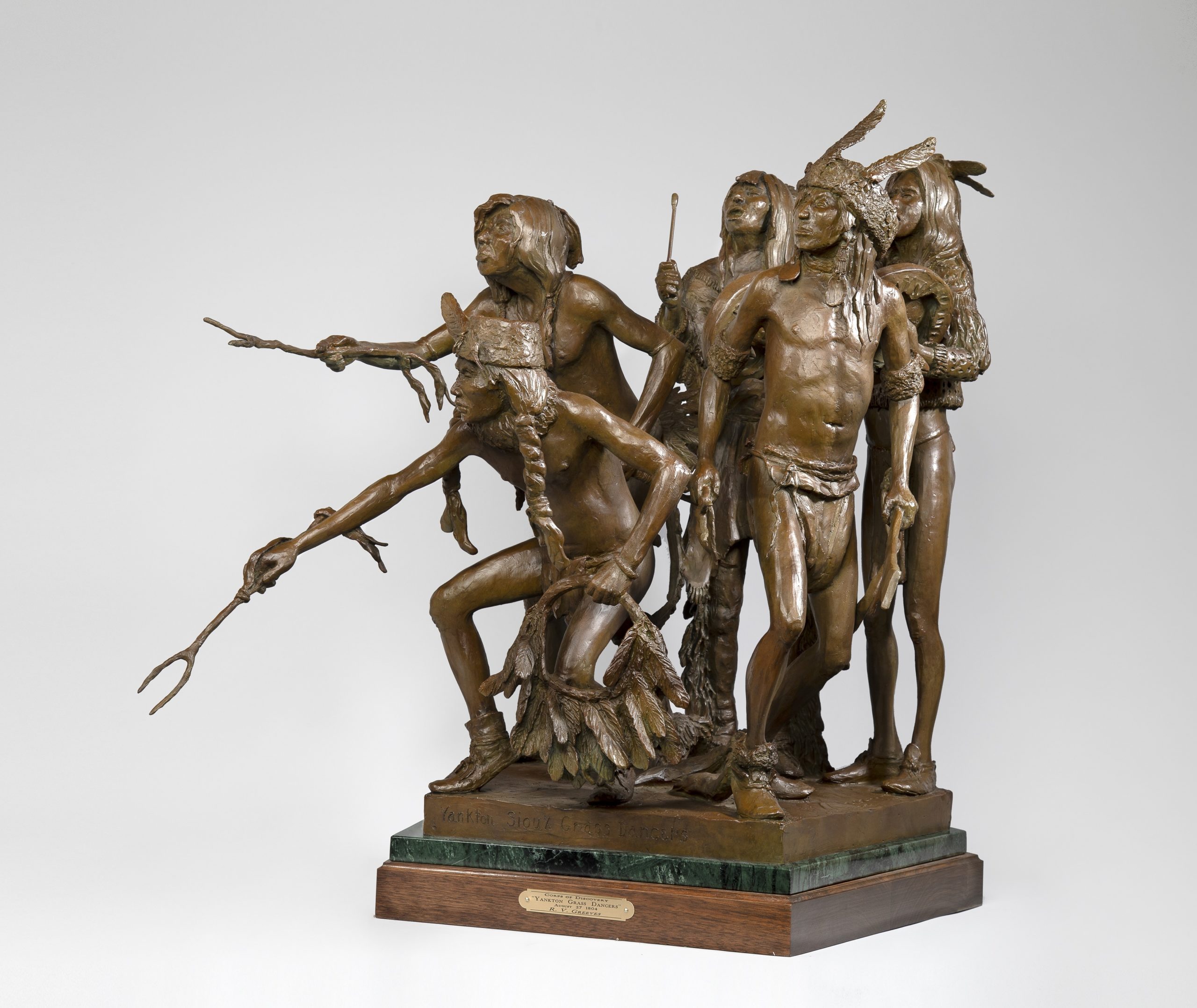 

											Richard V. Greeves </b>

											<em>
												 Lewis & Clark, Corp of Discovery, 1804-1806: The Native Peoples Lewis & Clark Encountered on their Epic Journey</em> 

											<h4>
												August 6 - October 30, 2021											</h4>

		                																																<i>Yankton Sioux Grass Dancers,</i>  
																																																					bronze, 
																																								24 x 28 20 inches 
																								
		                				