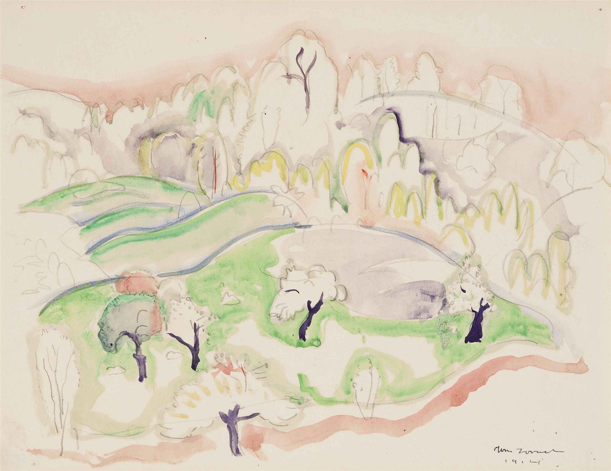 
							

									William Zorach									Five Apple Trees on a Hill 1914									Watercolor and pencil on paper, 8 1/2 x 11 inches									


							