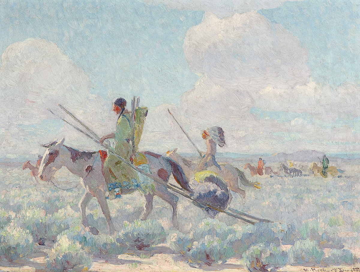 

											</b>

											<em>
												Lure of the West: Celebrating 50 Years of Gerald Peters Gallery  </em> 

											<h4>
												New York: April 29 - May 27, 2022      Santa Fe: June 24 - July 23, 2022											</h4>

		                																																													<i>Blackfeet Indians Moving to the Buffalo Range,</i>  
																																								circa 1916-1920, 
																																								oil on canvas, 
																																								15 1/8 x 19 1/8 inches 
																								
		                				