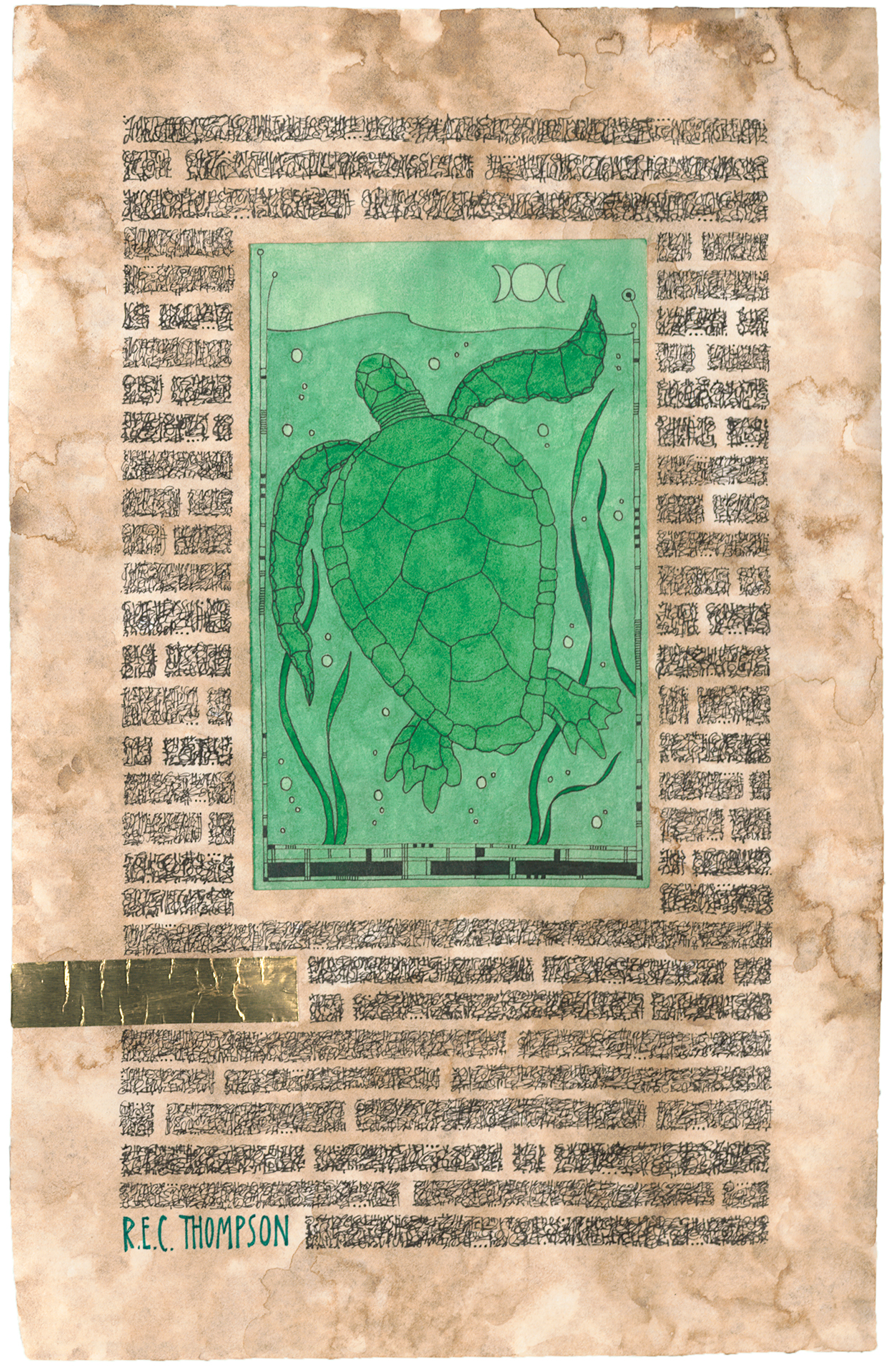 
		                					R.E.C. Thompson		                																	
																											<i>Arcane Page: Tortoise,</i>  
																																																					mixed media, 
																																								11 3/4 x 7 1/4 inches 
																								
		                				