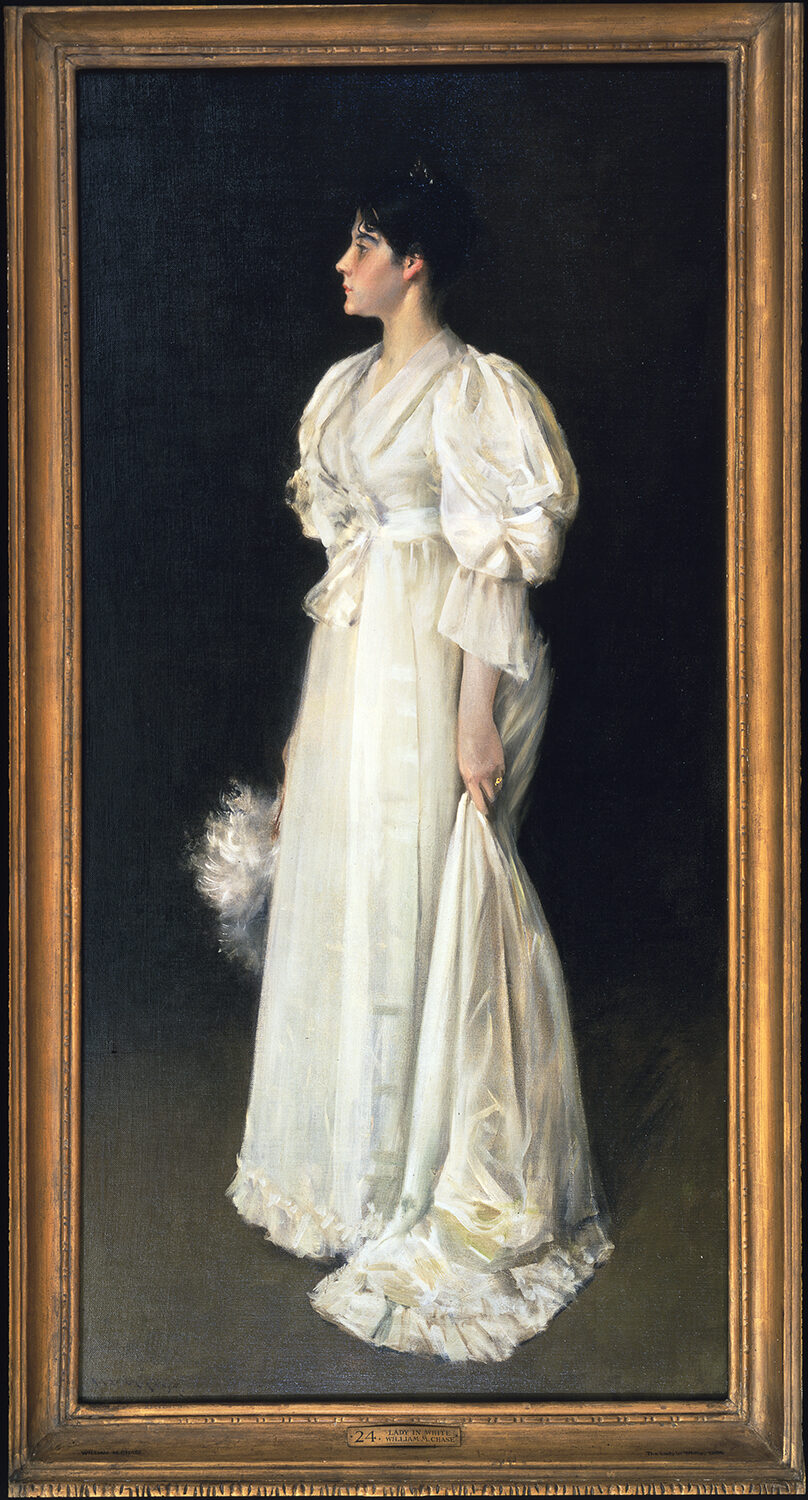 
		                					William Merritt Chase		                																	
																											<i>Lady in White,</i>  
																																								1894, 
																																								oil on canvas, 
																																								72 x 36 inches 
																								
		                				
