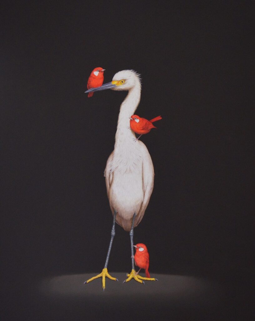 Isabelle Du Toit, One Egret, Three Warblers, oil on canvas, 30 x 24 inches