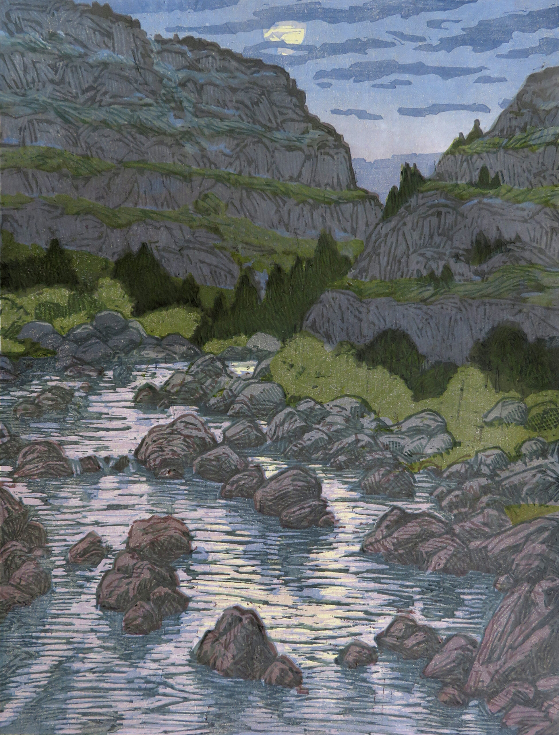
		                					Leon Loughridge		                																	
																											<i>Gorge Interior Nocturne,</i>  
																																																					woodblock print, 
																																								12 x 9 inches 
																								
		                				