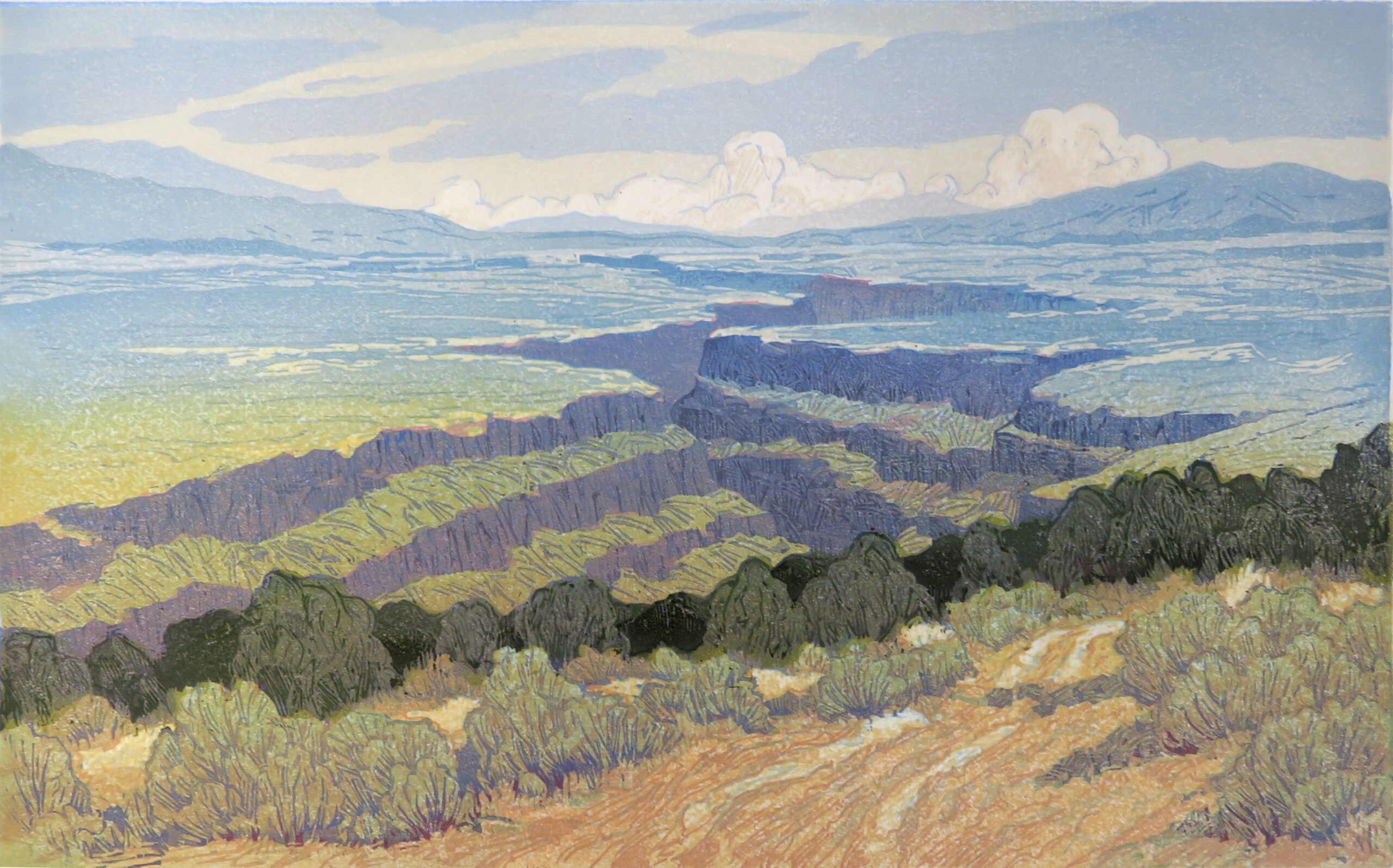 
		                					Leon Loughridge		                																	
																											<i>Rio Grande Gorge Track,</i>  
																																																					woodblock print, edition of 12, 
																																								11 1/2 x 18 1/2 inches 
																								
		                				