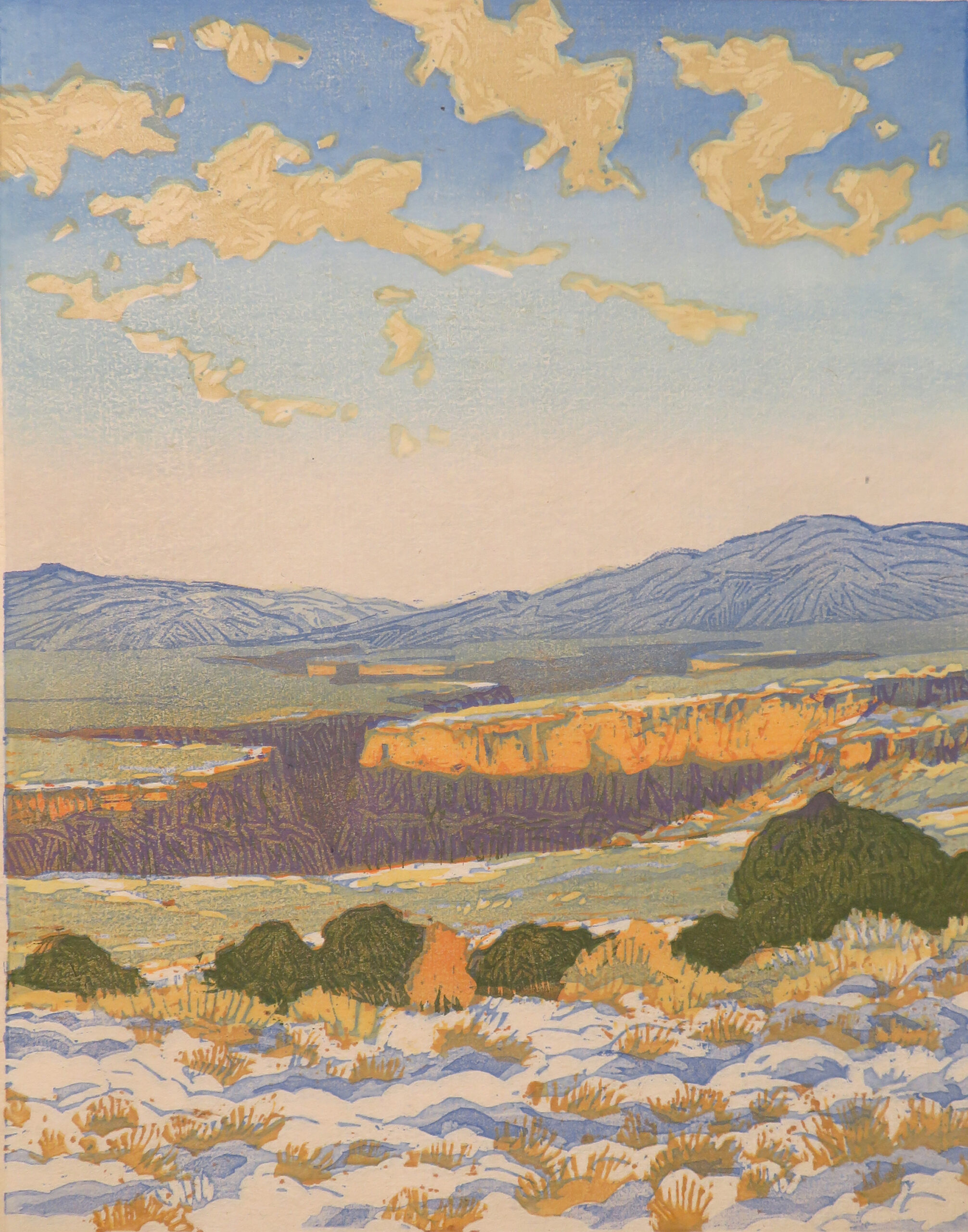 
		                					Leon Loughridge		                																	
																											<i>Snowy Plateau,</i>  
																																																					woodblock print, 
																																								12 x 9 inches 
																								
		                				