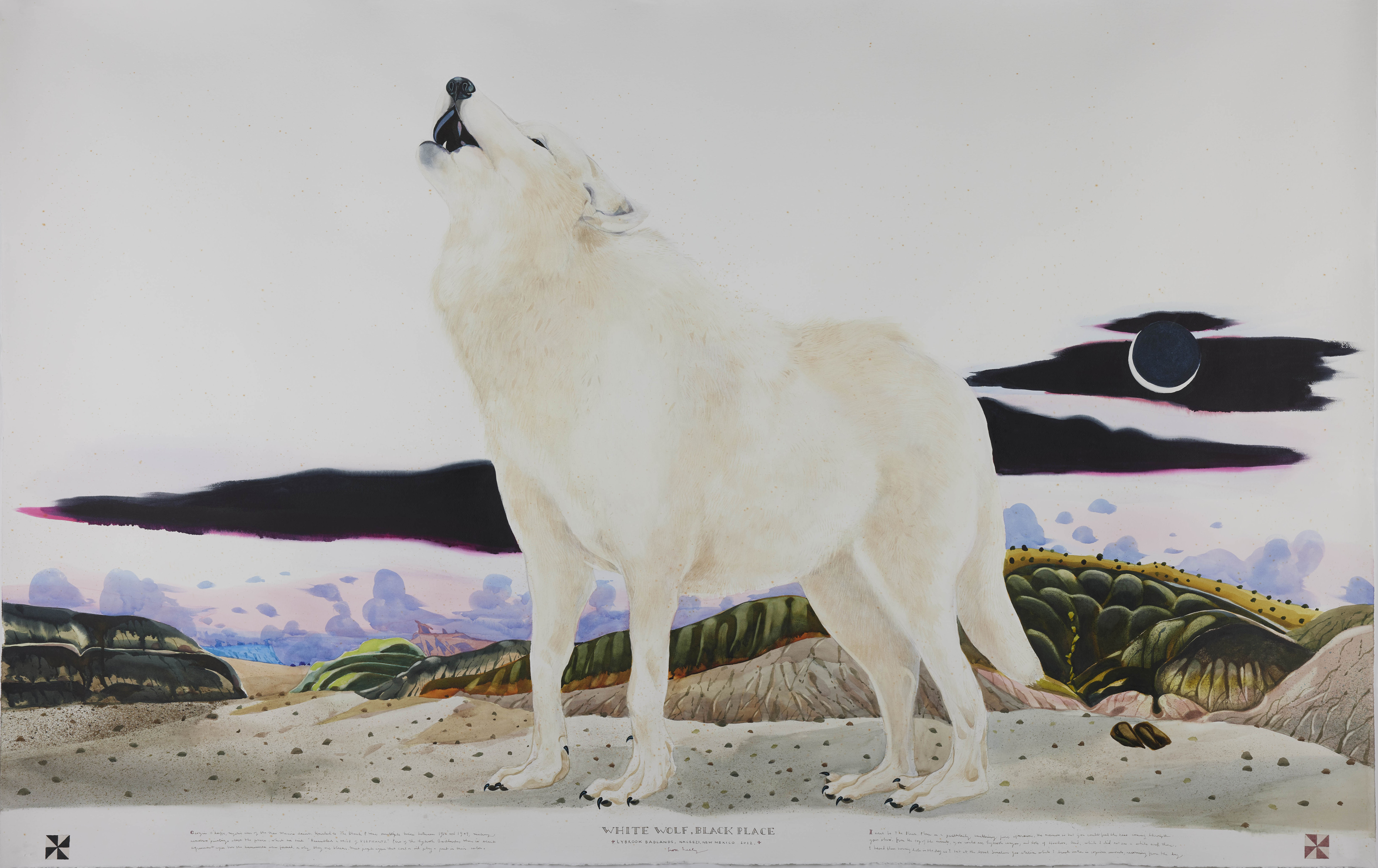 
							

									Scott Kelley									White Wolf, Black Place 									watercolor, gouache and graphite on paper<br />
55 x 88 inches									


							