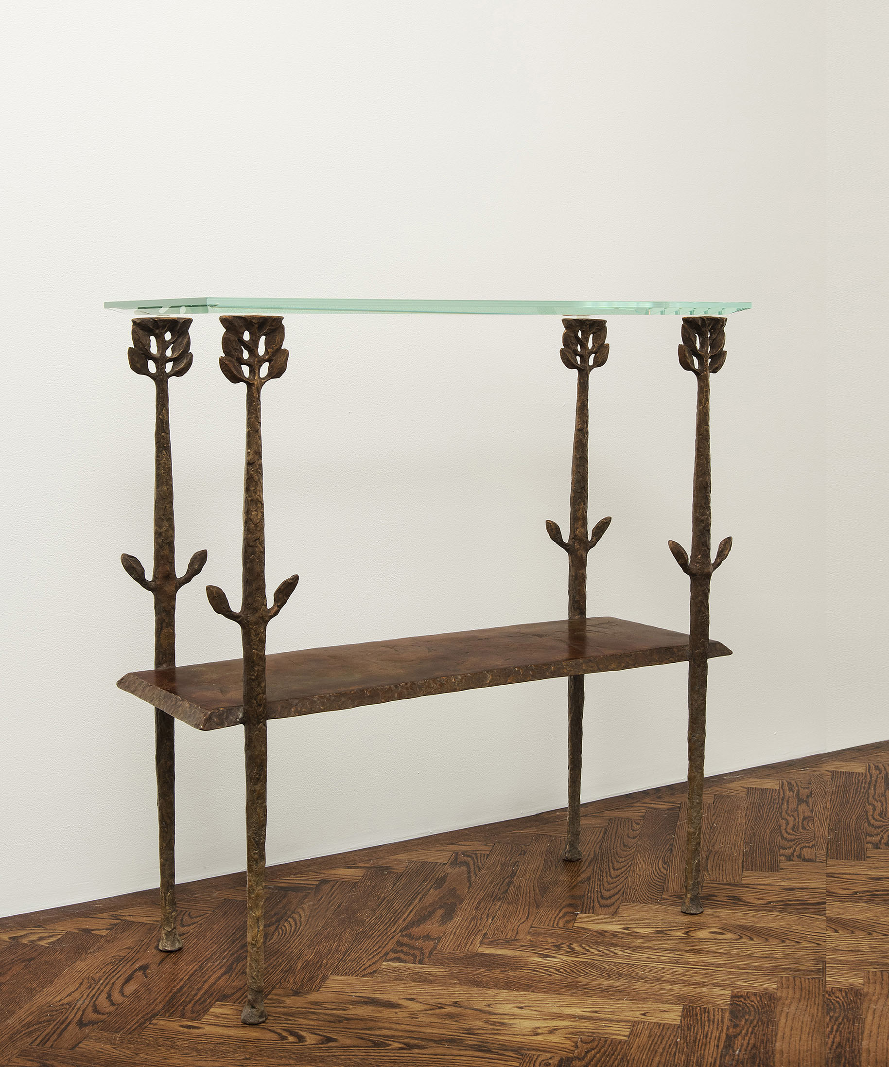 
							

									Giancarlo Biagi									Viale 2008									bronze console, clear glass top with bevel, 34 3/4 x 31 3/4 x 12 1/4 inches, shelf below 									


							