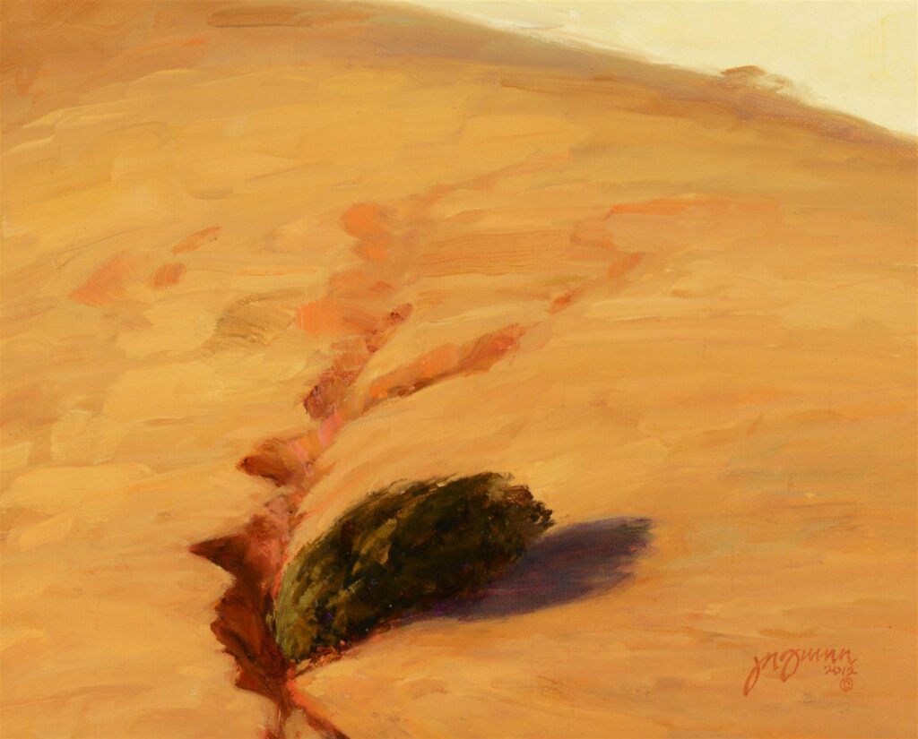 Jeri Quinn, Dry Arroyo Thirsty Oak, oil on canvas on board, 10 3/4 x 3 1/2 inches