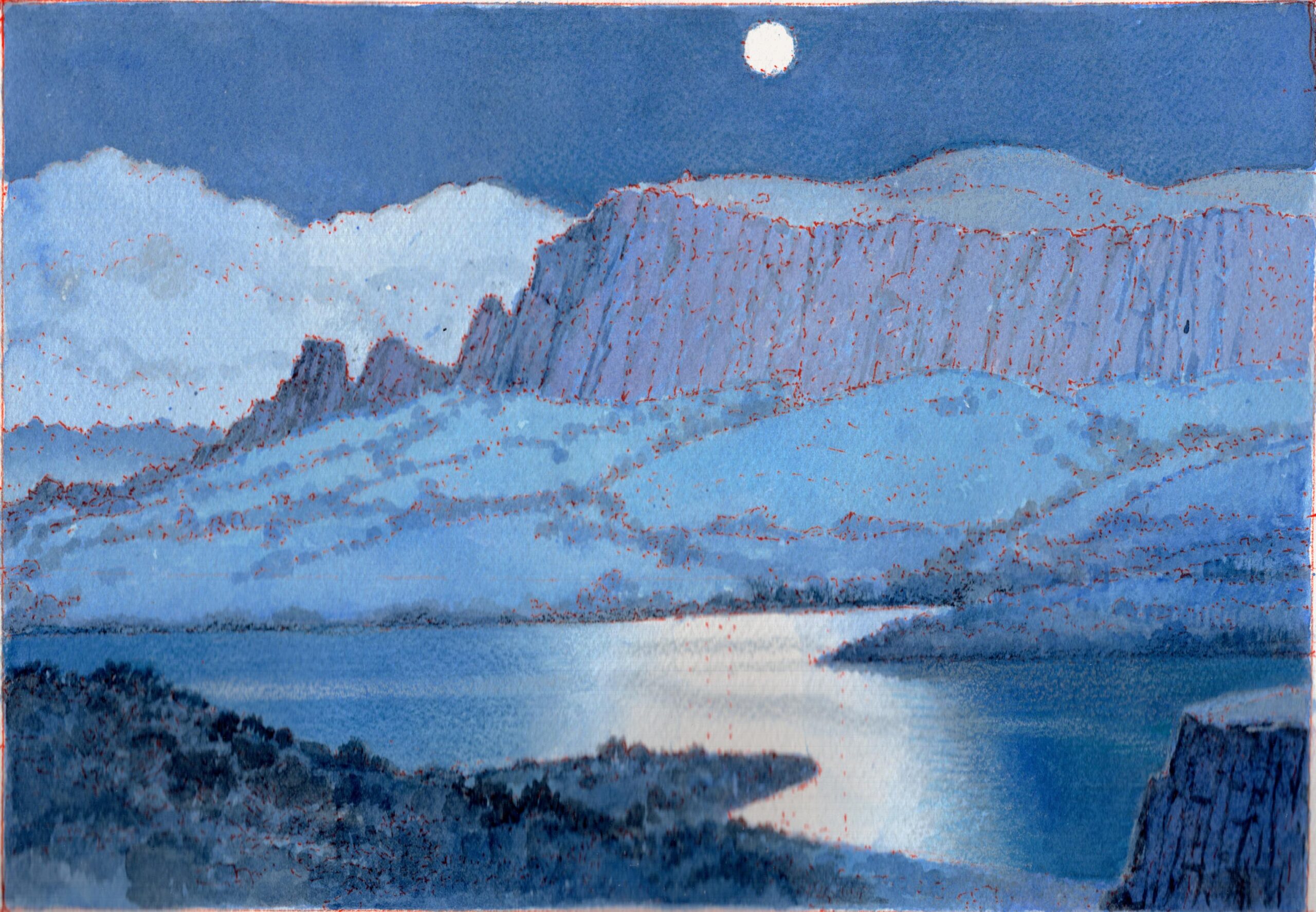 
							

									James McElhinney									Moonlight Lake 									watercolor on paper<br />
7 x 10 inches									


							