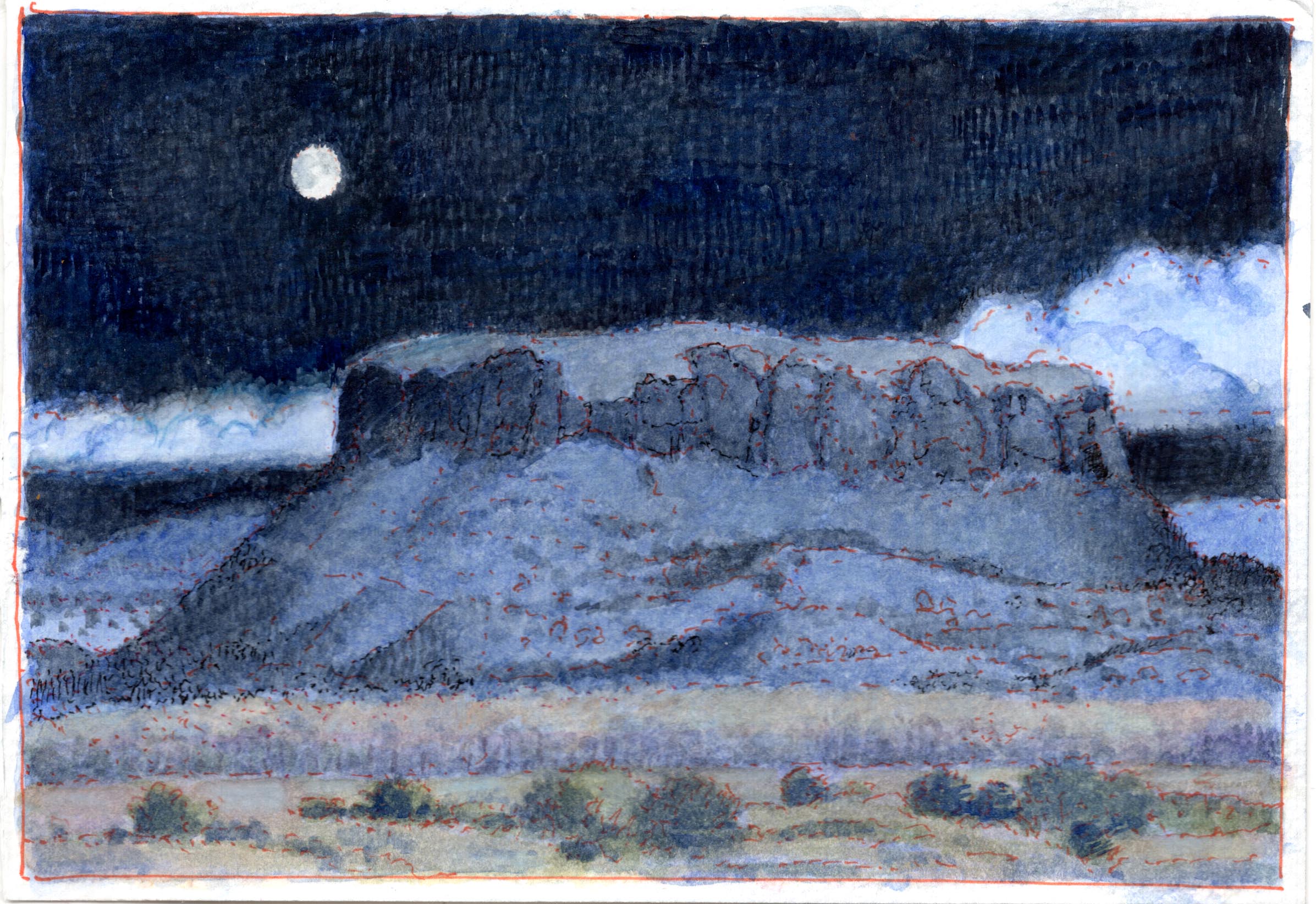 
							

									James McElhinney									Moonrise Mesa 									watercolor on paper<br />
5 1/4 x 7 3/4 inches									


							