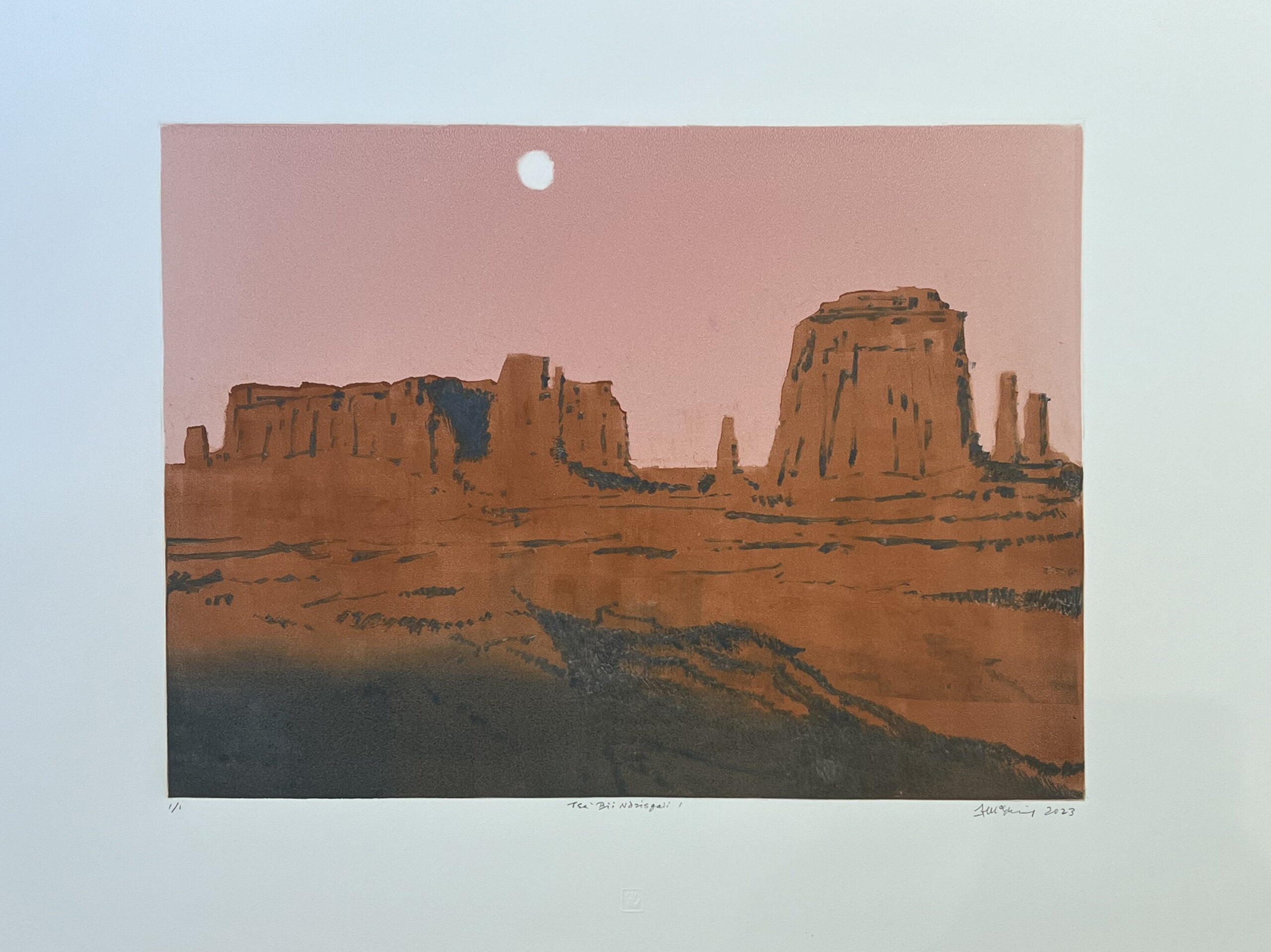 
							

									James McElhinney									Tse'Ndzisgaii (John Ford Point, Monument Valley) #1 									monotype with chine-collé on paper<br />
14 3/8 x 18 3/4 inches									


							
