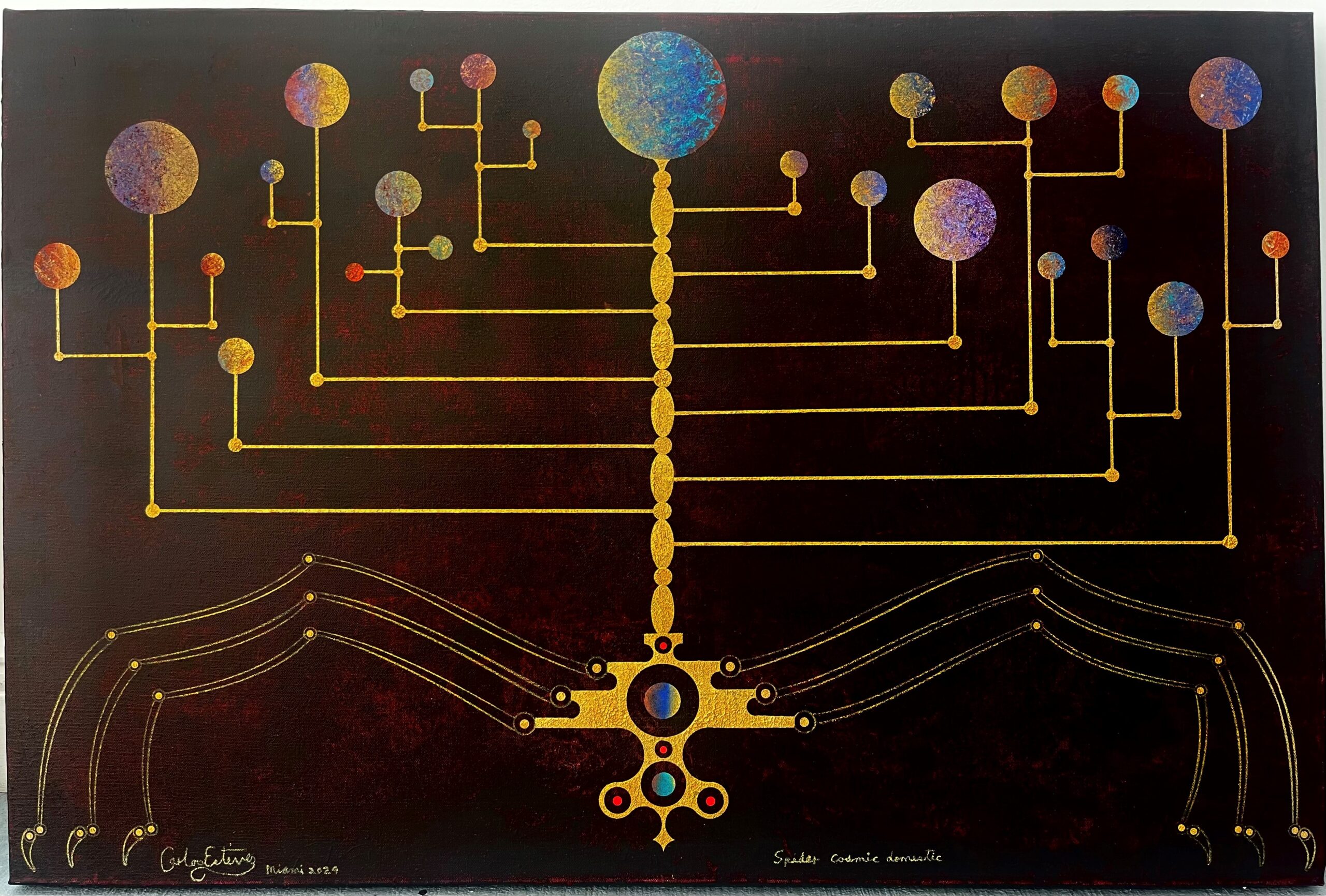 Carlos Estevez, Spider Cosmic Domestic, 2024 Oil and watercolor pencil on canvas 24 x 36 inches