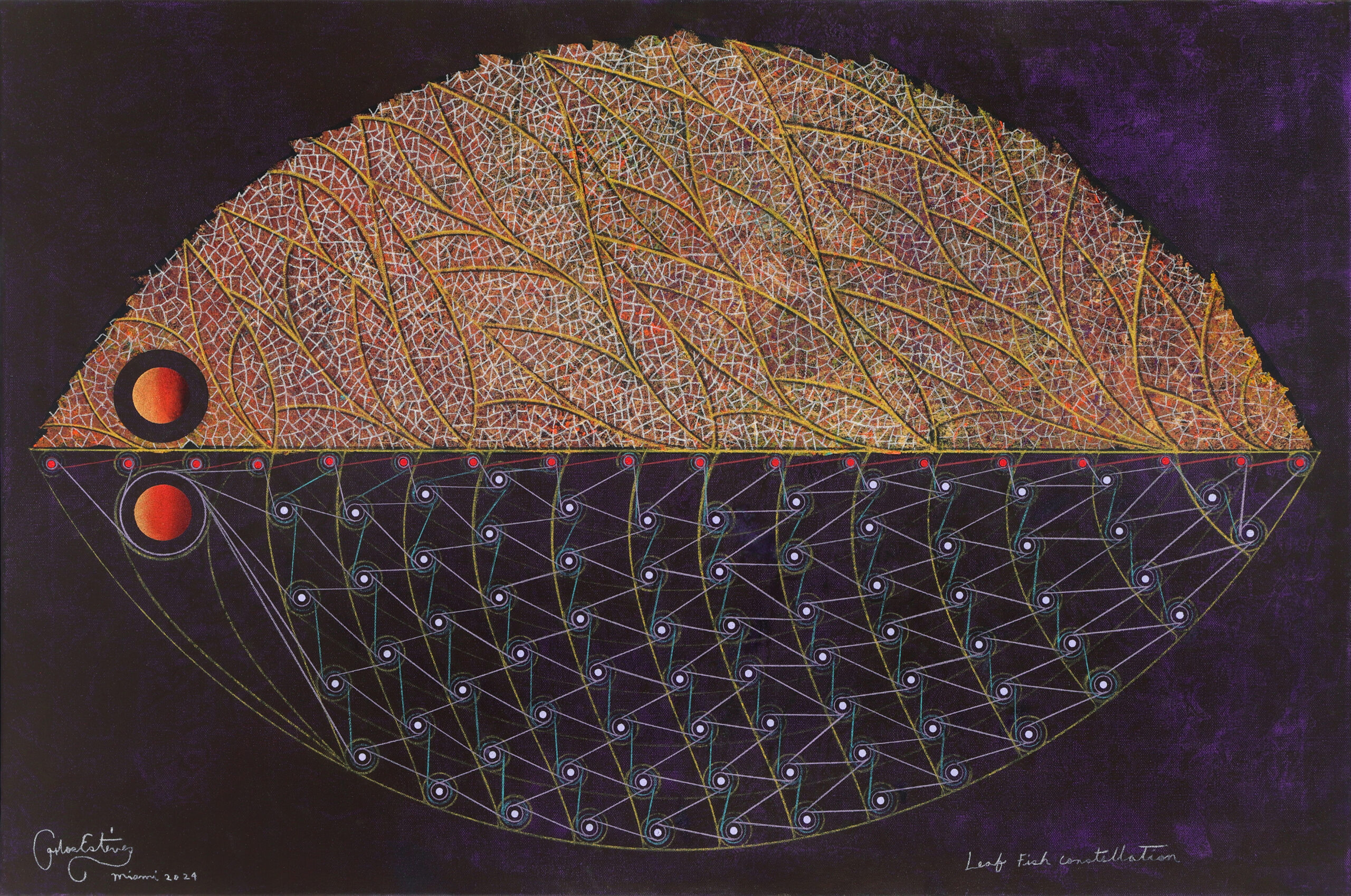 
							

									Carlos Estevez									Leaf Fish Constellation 2024									oil and watercolor pencil on canvas<br />
24 x 36 inches									


							