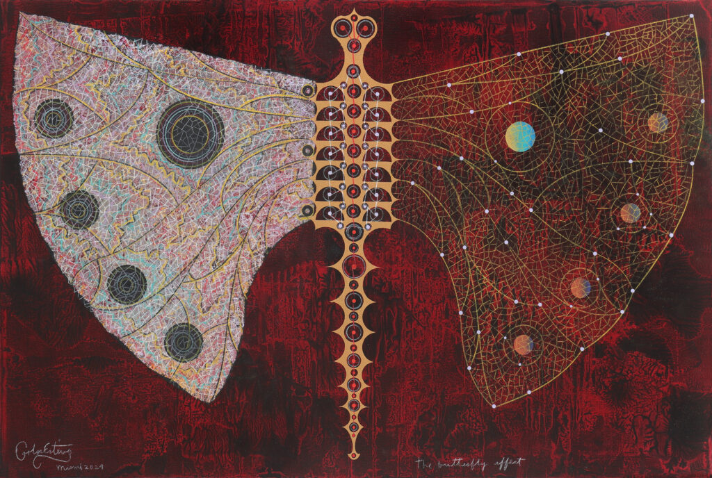 Carlos Estevez, The Butterfly Effect, 2024, oil and watercolor pencil on canvas, 24 x 36 inches