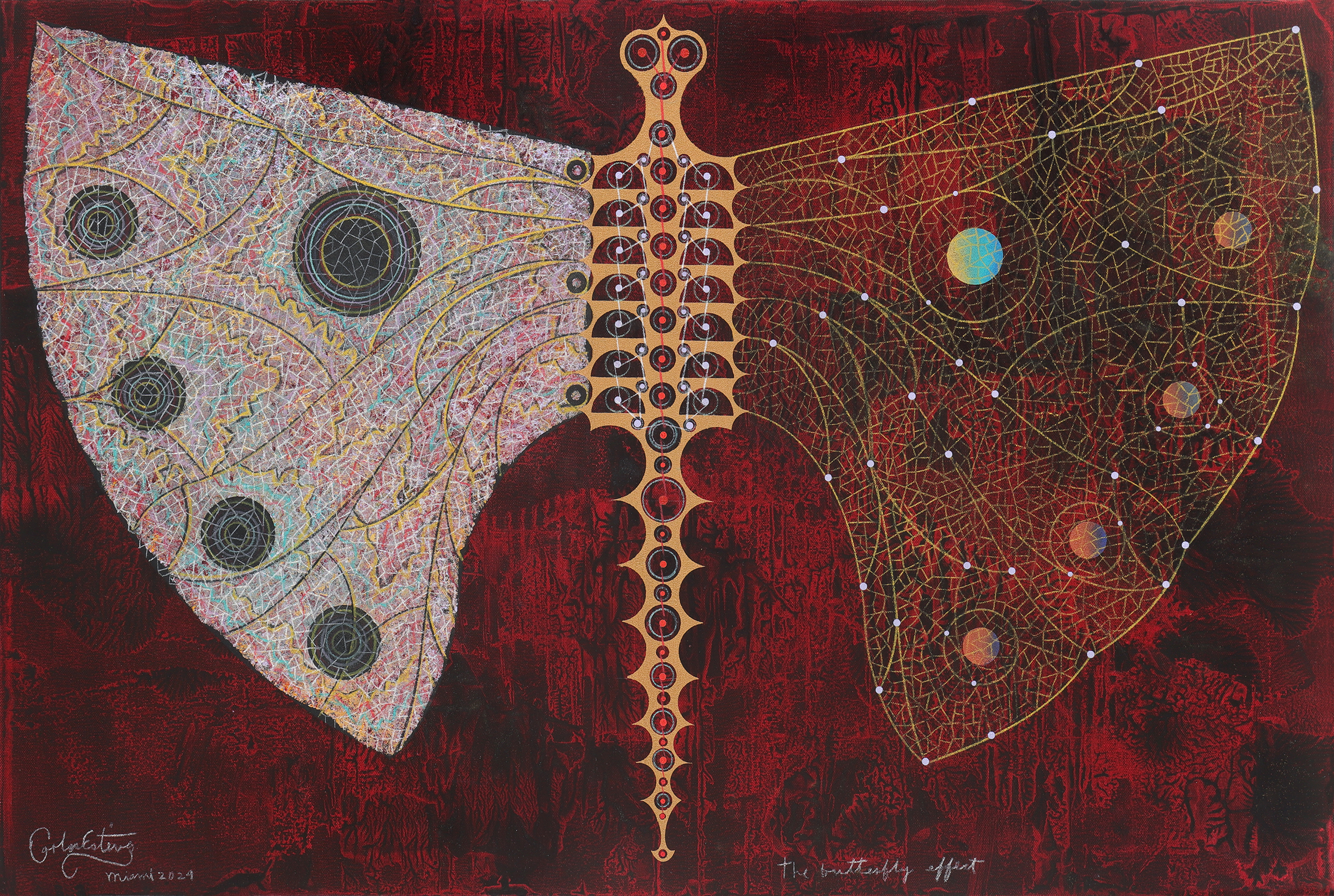 
							

									Carlos Estevez									The Butterfly Effect 2024									oil and watercolor pencil on canvas<br />
24 x 36 inches									


							