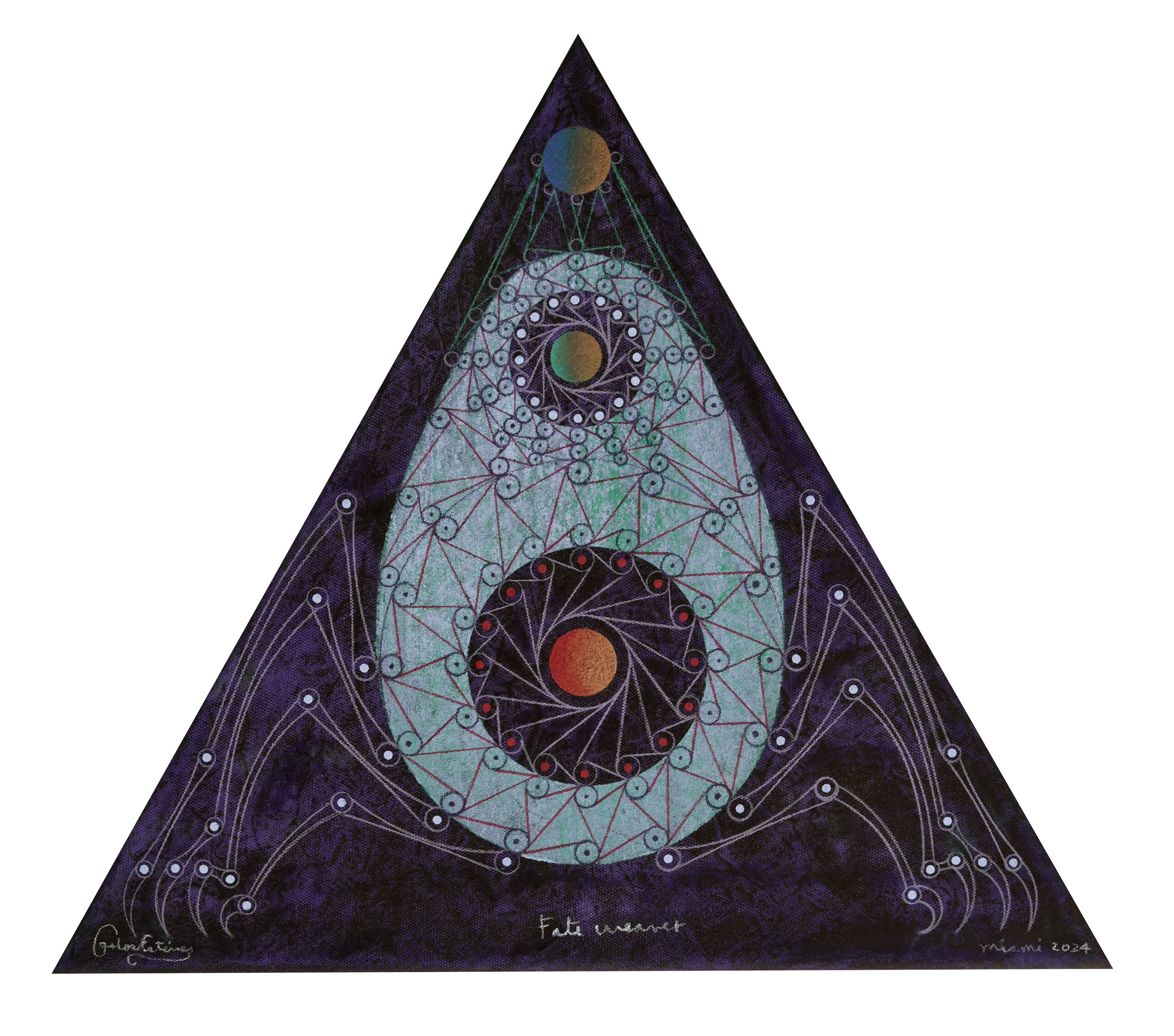 
							

									Carlos Estevez									Fate Weaver 2024									oil and watercolor pencil on canvas<br />
16 inch triangle									


							