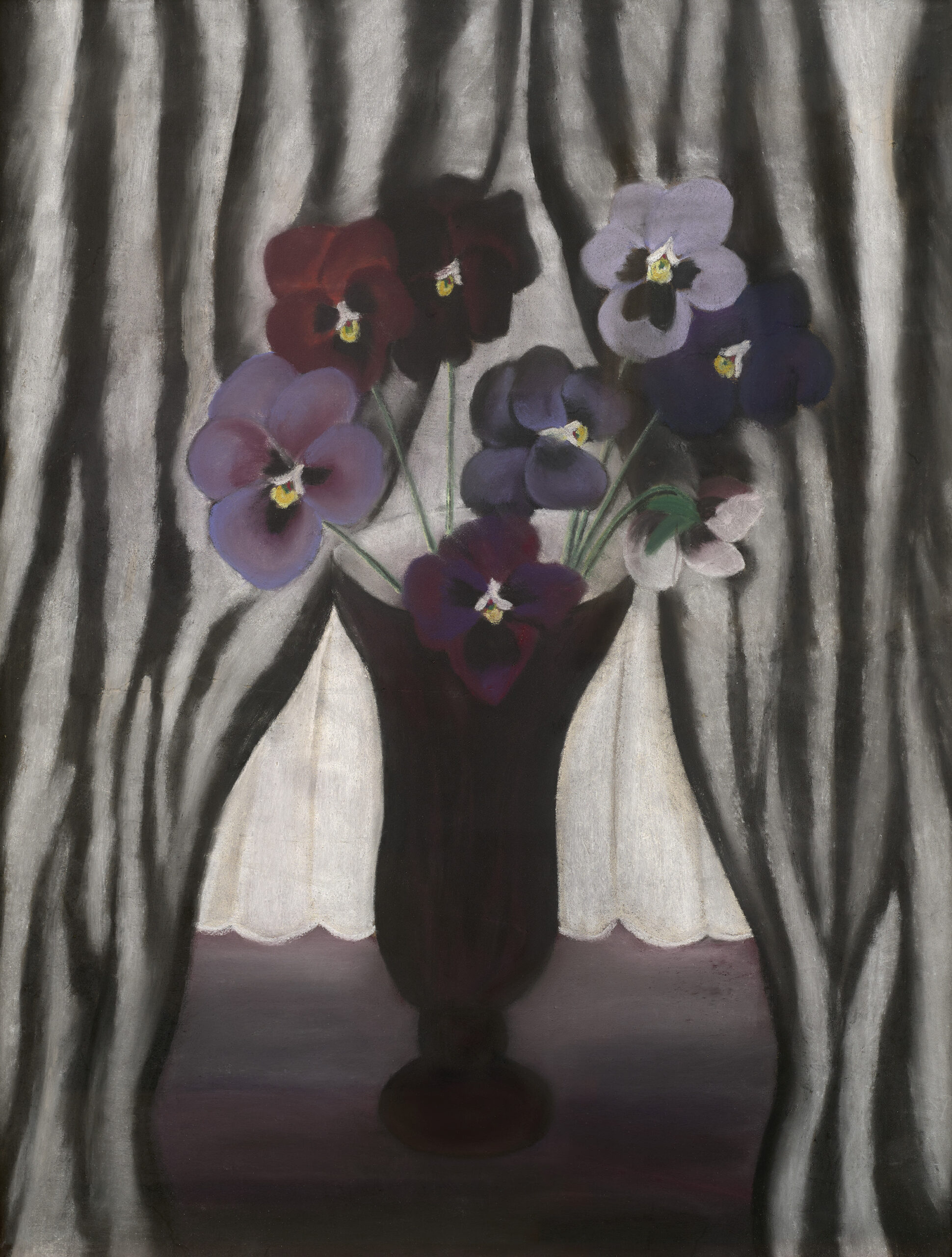 
							

									Rebecca Salsbury James									Pansies in Vase ca. 1930									pastel on board<br />
28 x 22 inches									


							