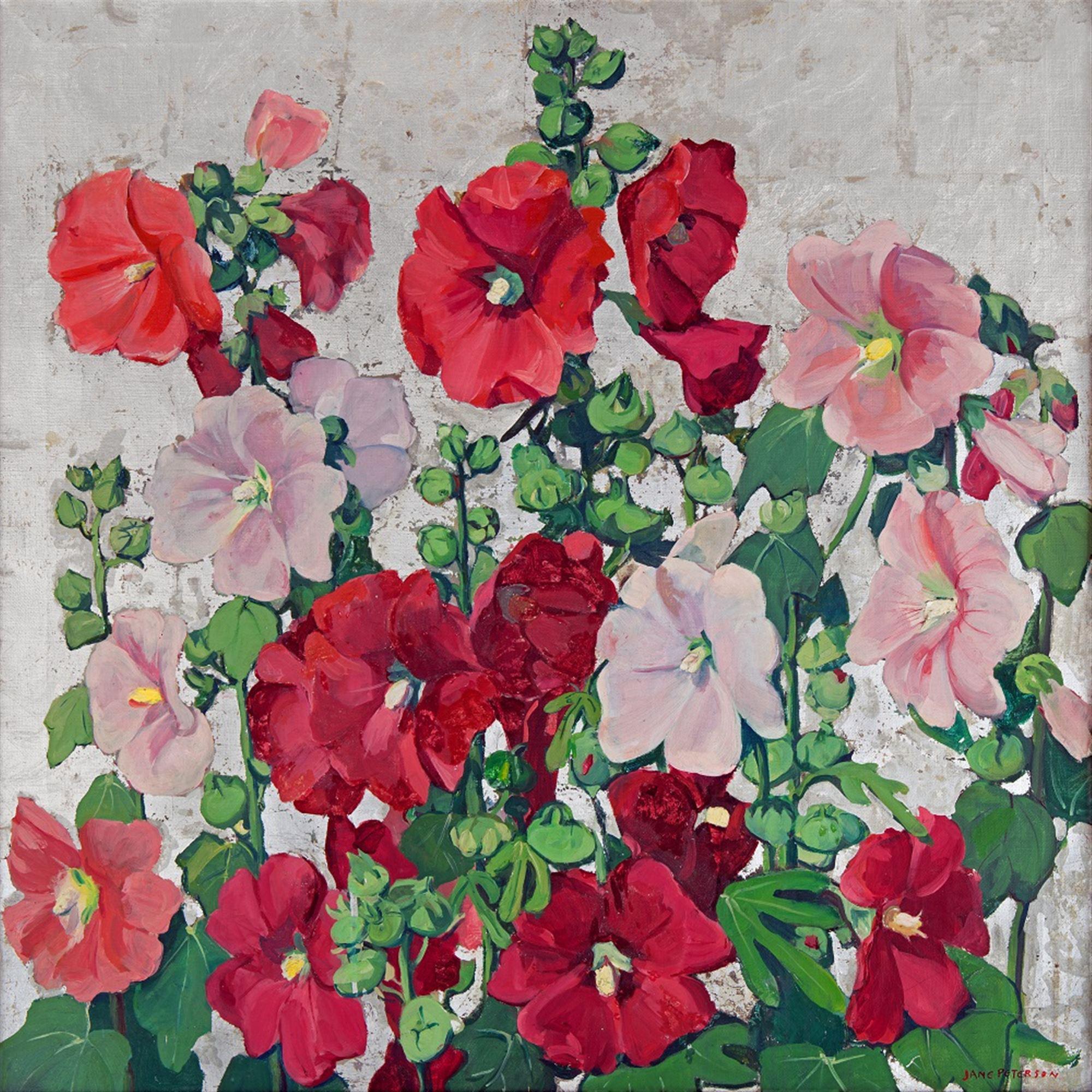 
							

									Jane Peterson									Hollyhocks ca. 1925-35									oil and silver leaf<br />
32 1/8 x 32 1/8									


							