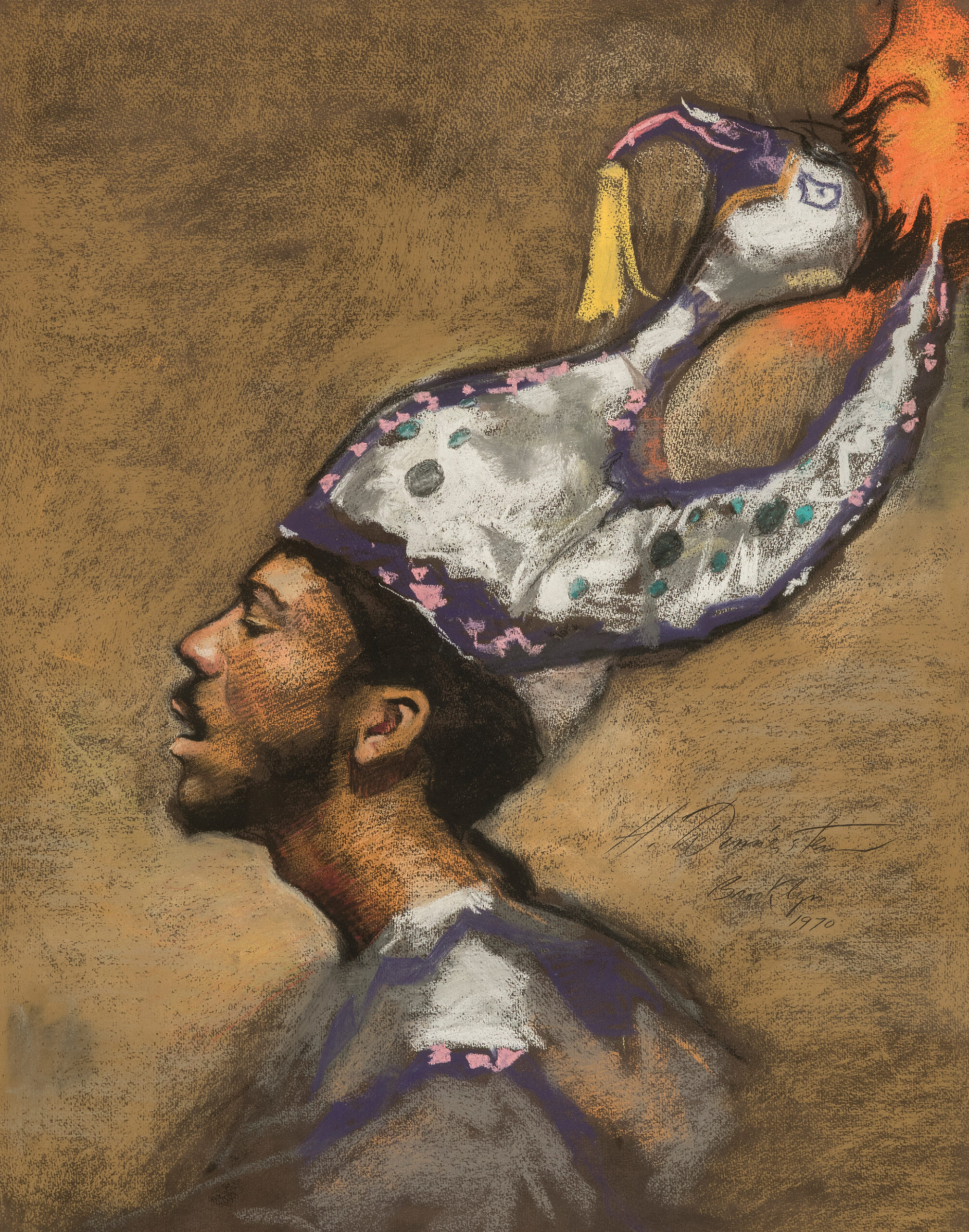 
							

									Harvey Dinnerstein									Festival in Brooklyn Theme #3 1970									pastel<br />
24 1/2 x 19 1/2 in.<br />
32 3/4 x 27 3/4. (framed)									


							