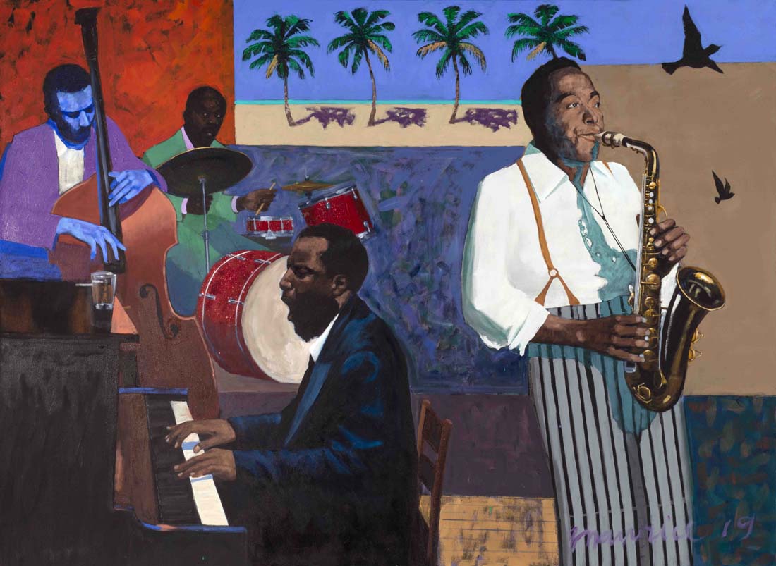 
		                					Maurice Burns		                																	
																											<i>Birdman Plays the Blues,</i>  
																																								2019, 
																																								oil on canvas, 
																																								56 x 76 inches 
																								
		                				