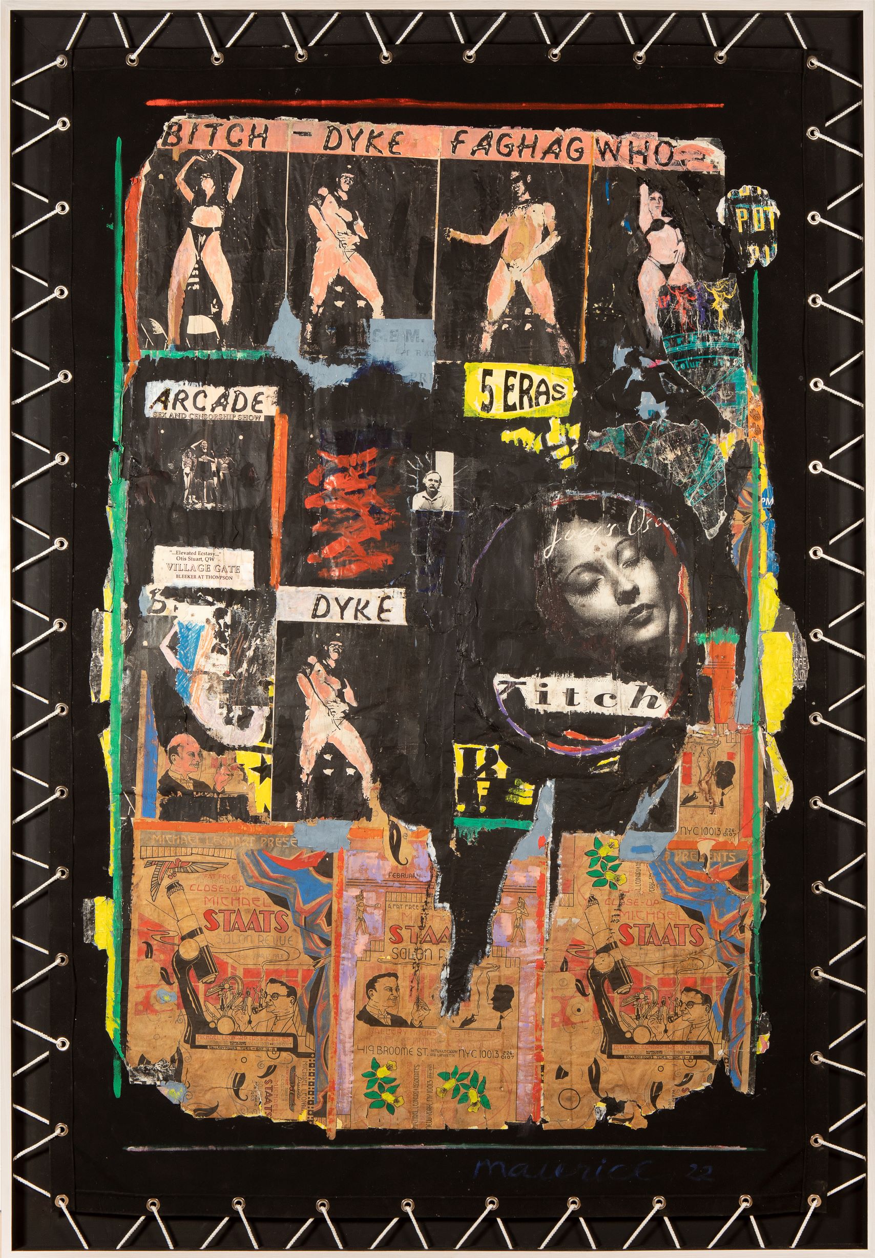 
		                					Maurice Burns		                																	
																											<i>East Village Collage,</i>  
																																								2022, 
																																								Modified found art assemblage collage, 
																																								90 x 62 x 2 1/2 inches 
																								
		                				